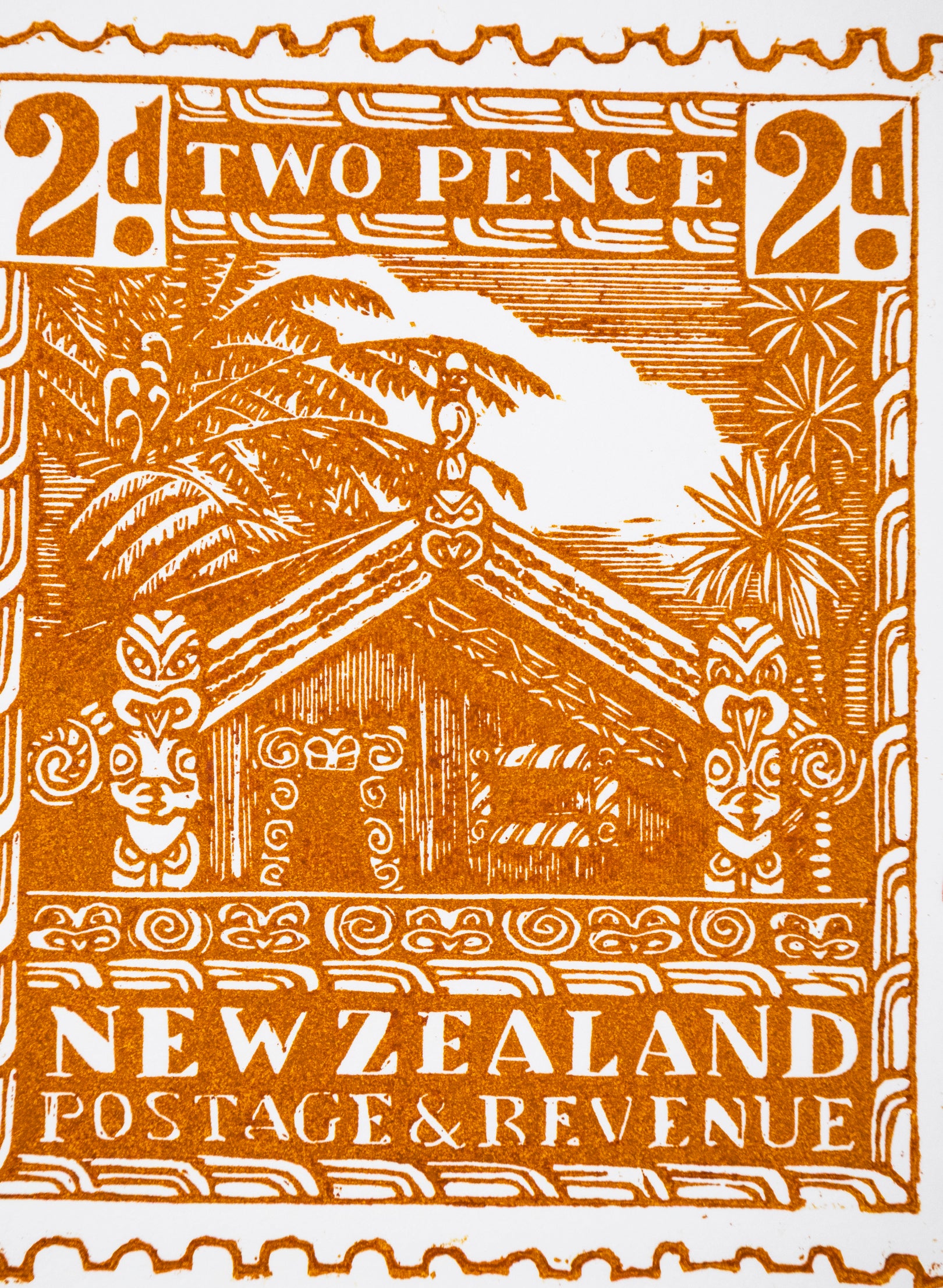 1935 Pictorial Stamps Whare (Colour) - Wood Cut Print