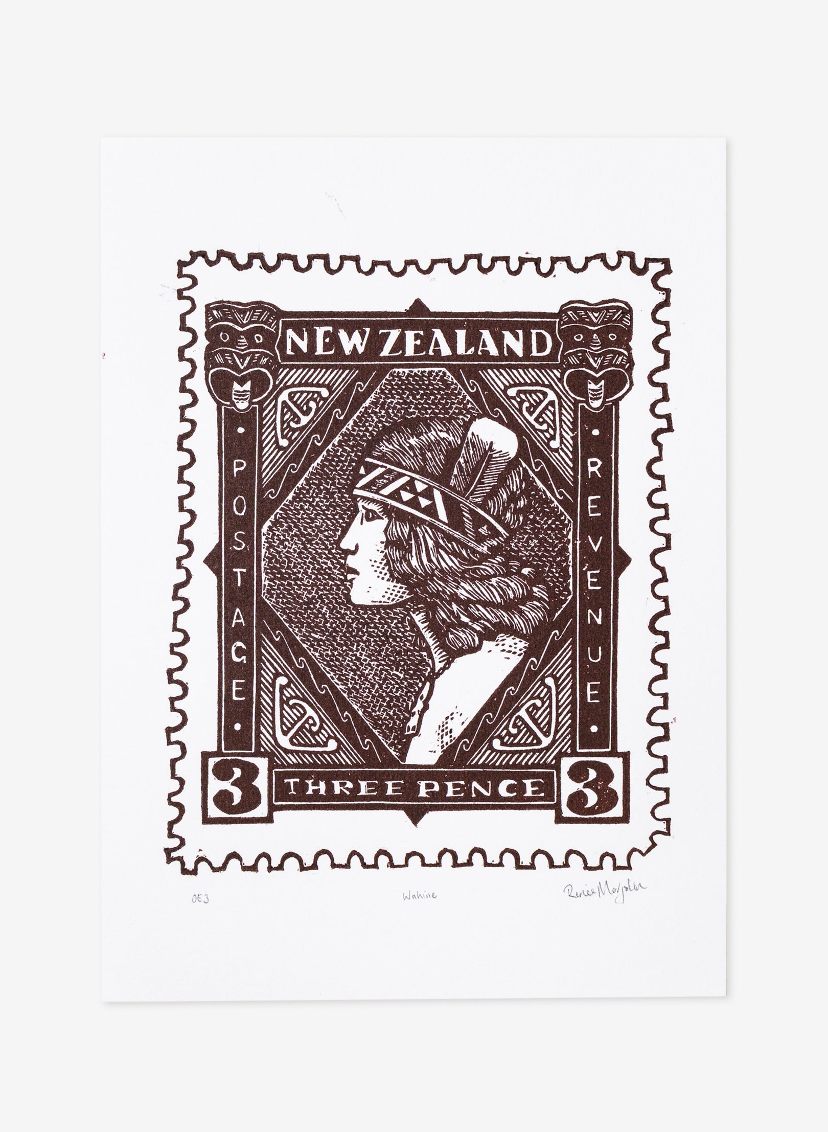 Wahine Stamp (Colour) - Wood Cut Print