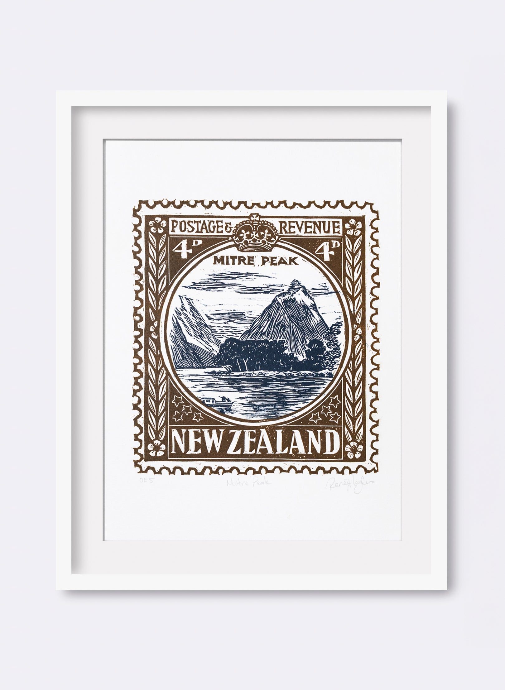 Mitre Peak Stamp (Colour) - Wood Cut Print