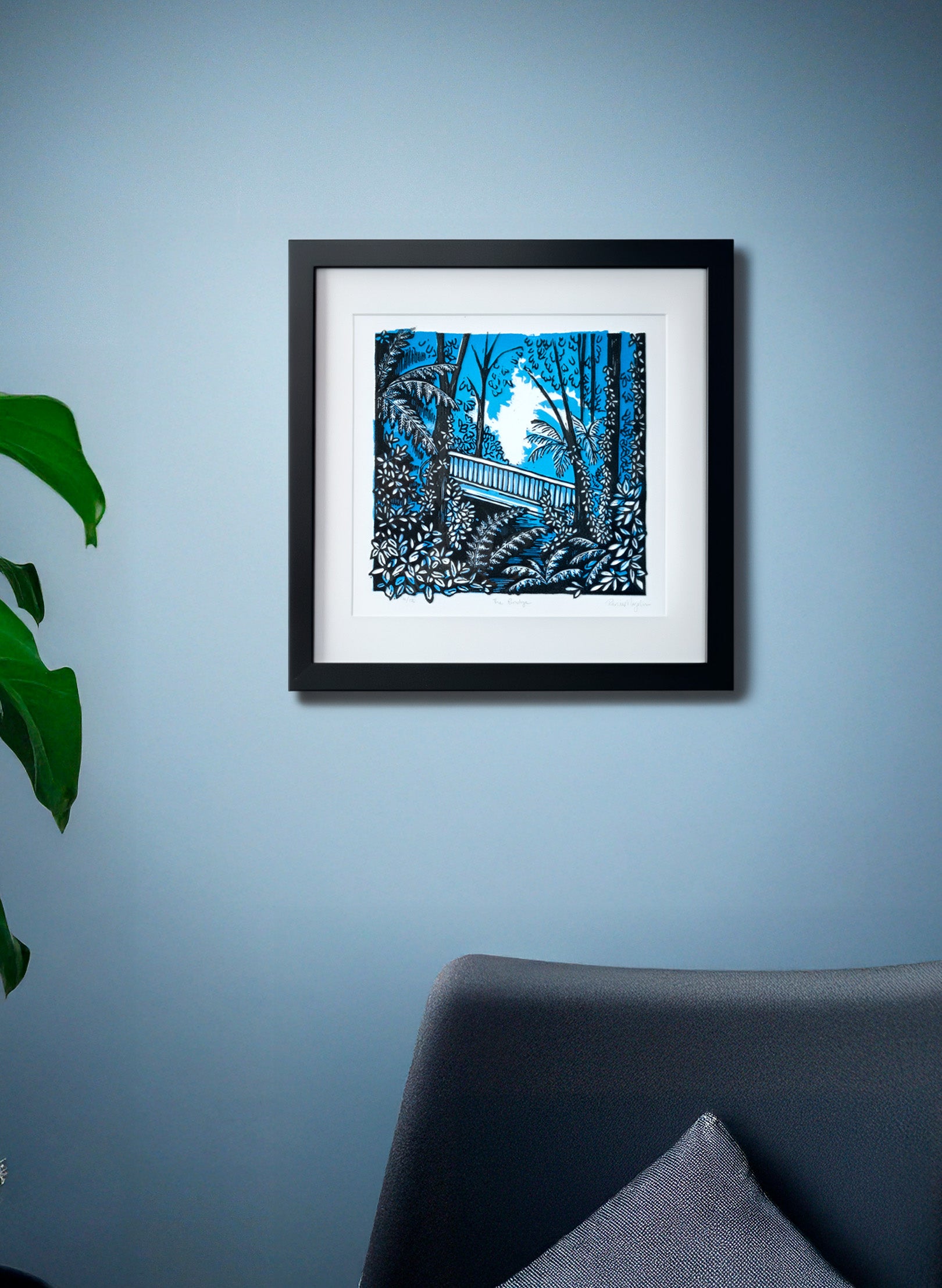 The Bridge (Blue) - Wood Cut Print Framed