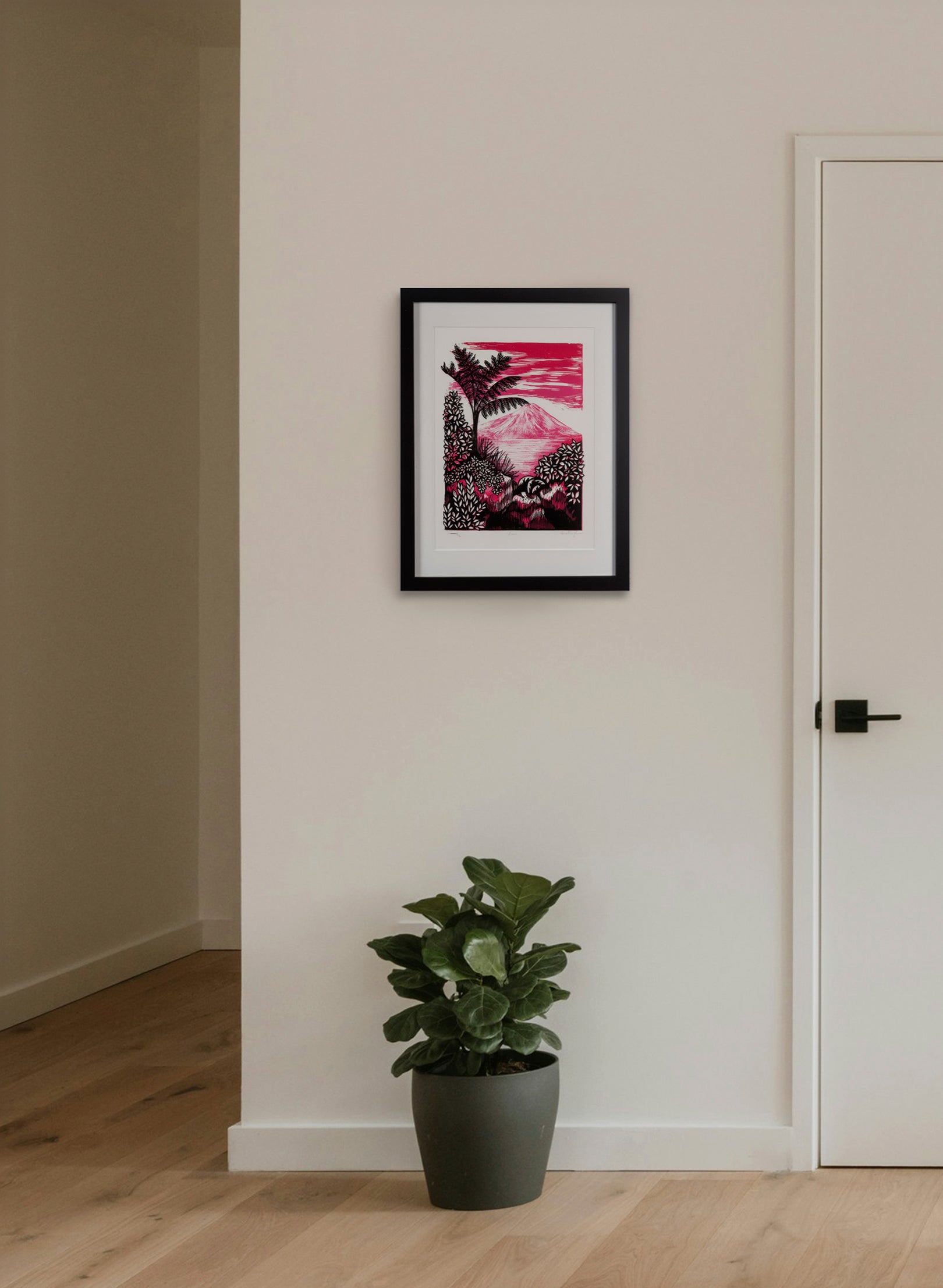 View (Pink) - Wood Cut Print Framed