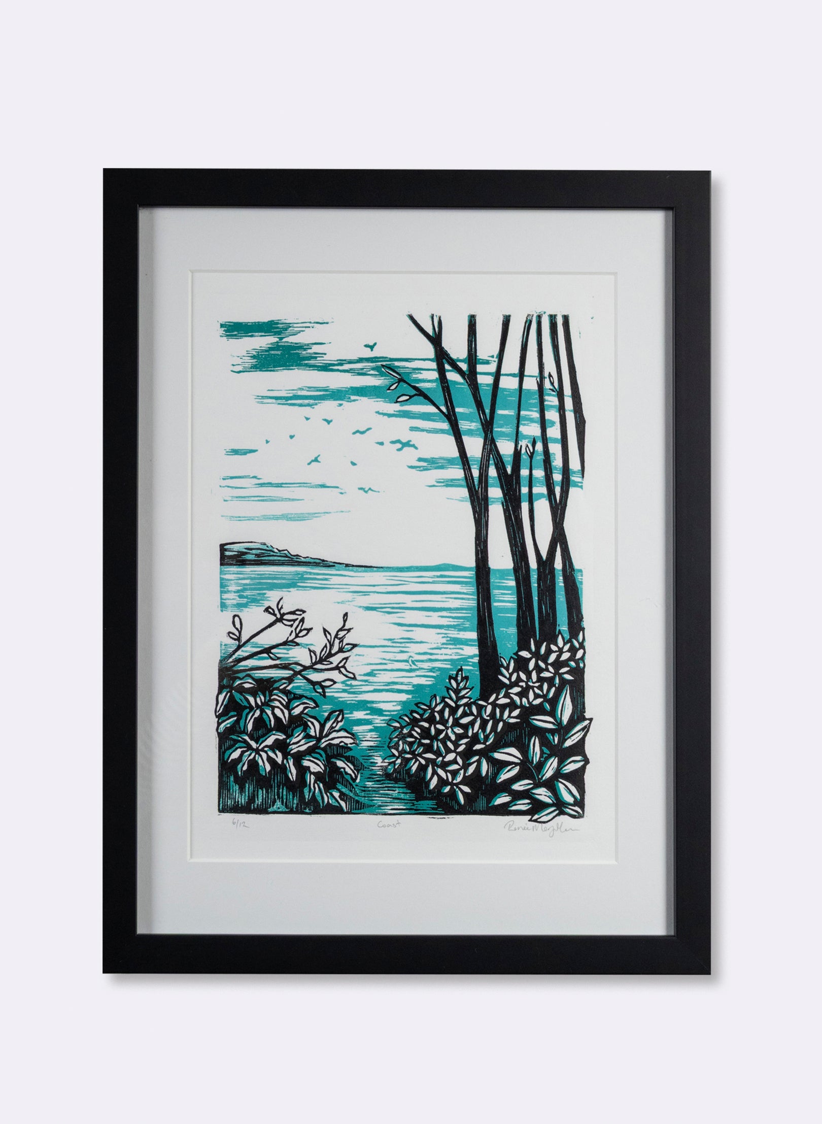 Coast (Teal) - Wood Cut Print Framed