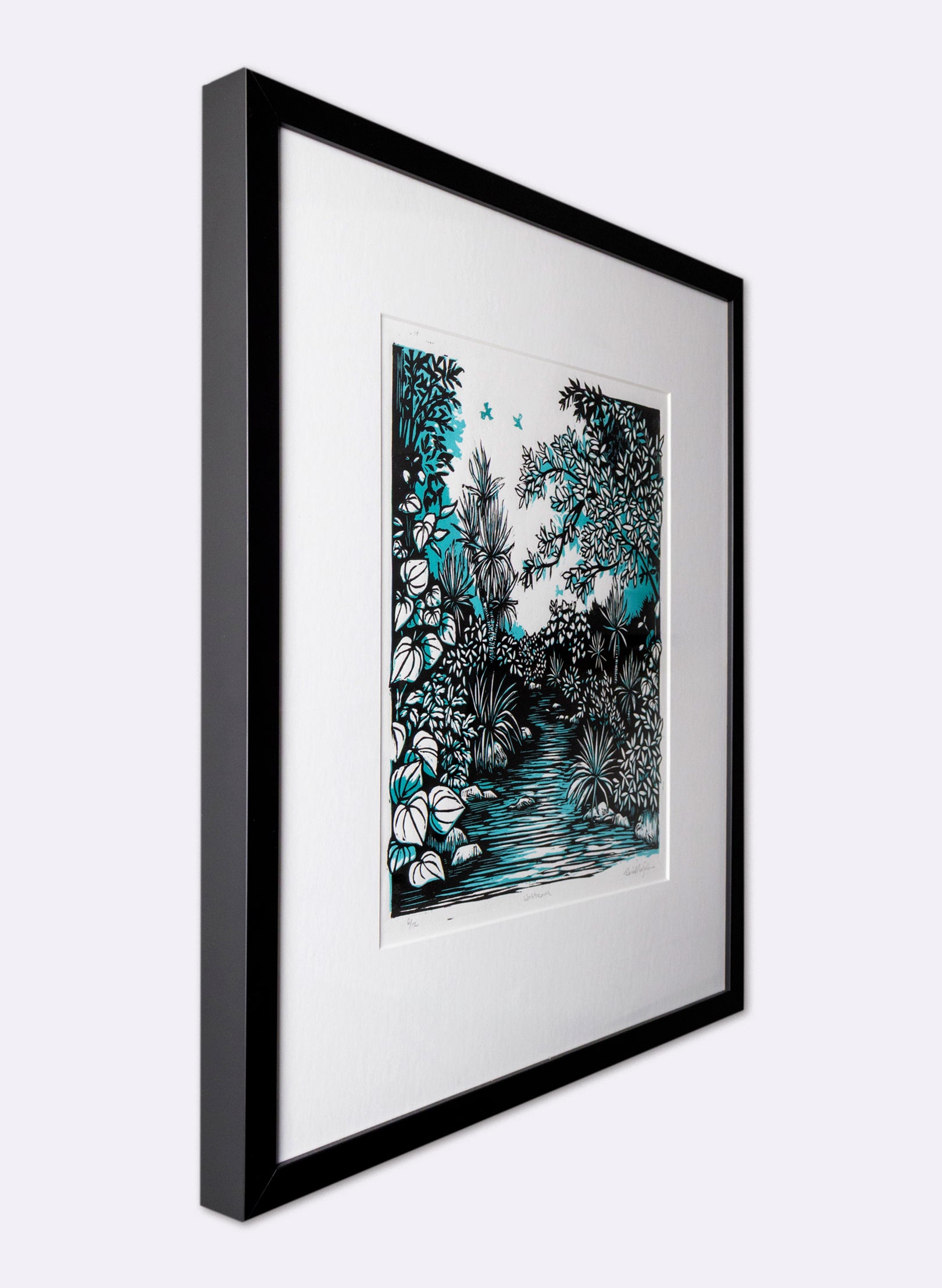 Upstream (Teal) - Wood Cut Print Framed