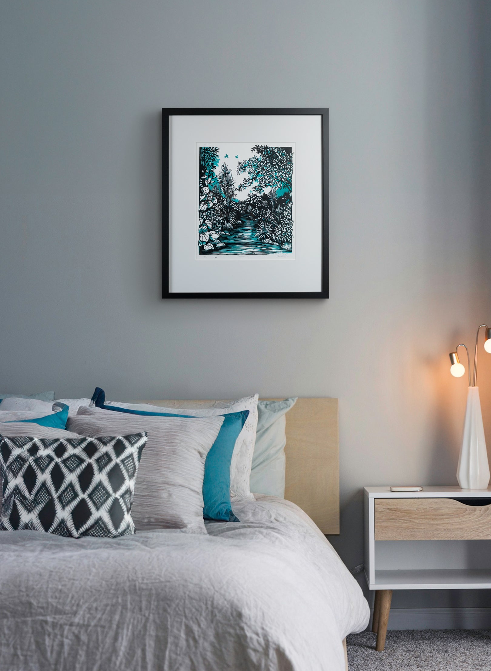 Upstream (Teal) - Wood Cut Print Framed