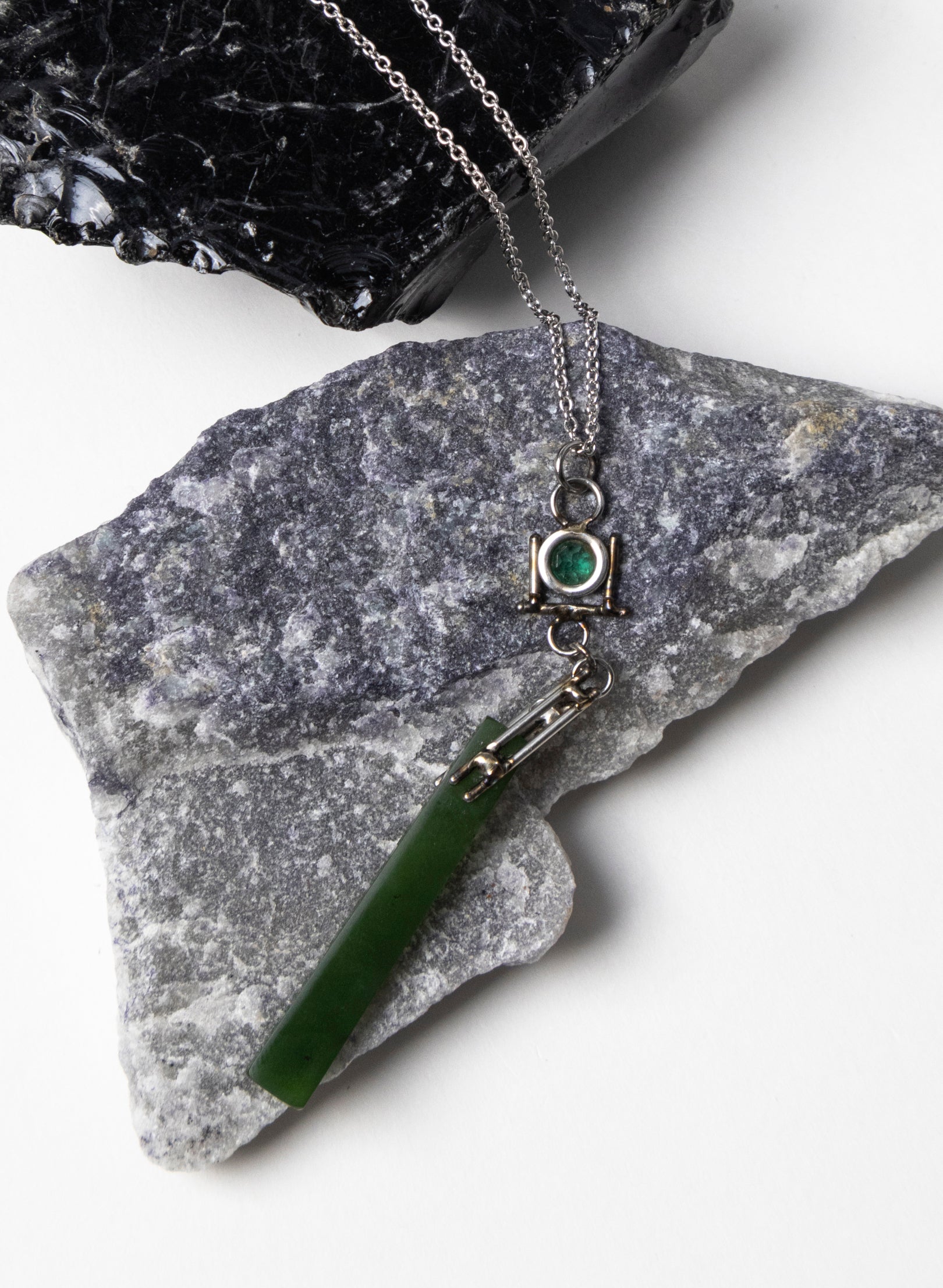 Emerald, Pounamu, Stainless Steel and Silver Necklace