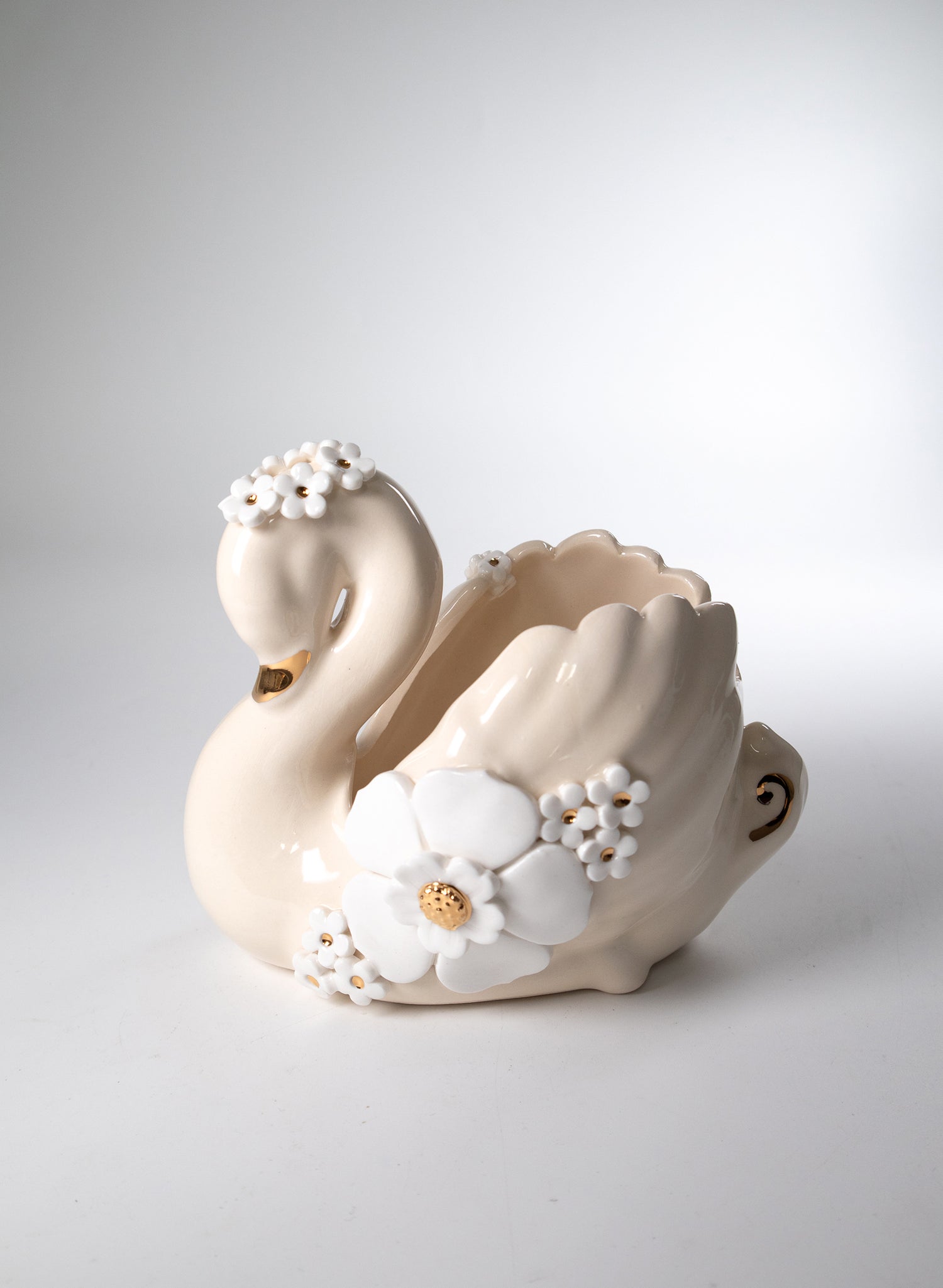 Medium Swan with White and Gold Flowers