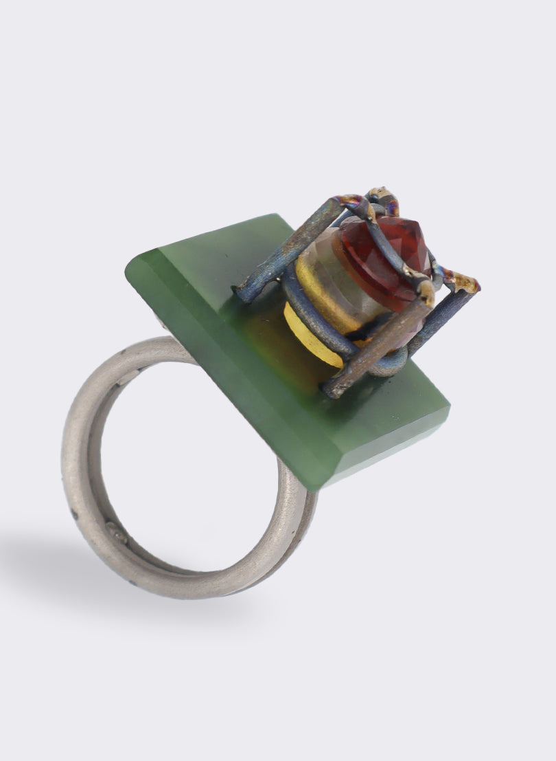 NZ Pounamu, Amber &amp; Garnet Ring - Titanium