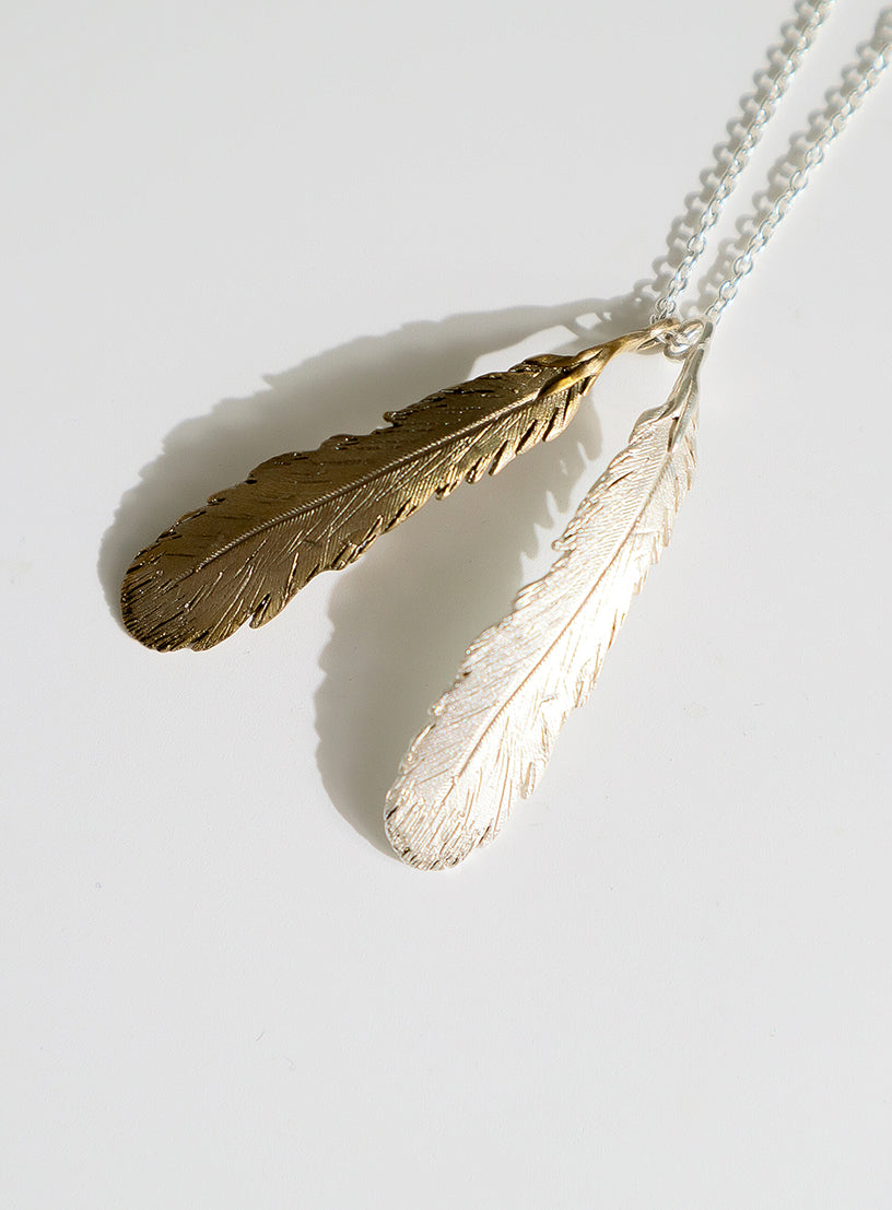 Double Huia Feather Necklace - Bronze &amp; Silver