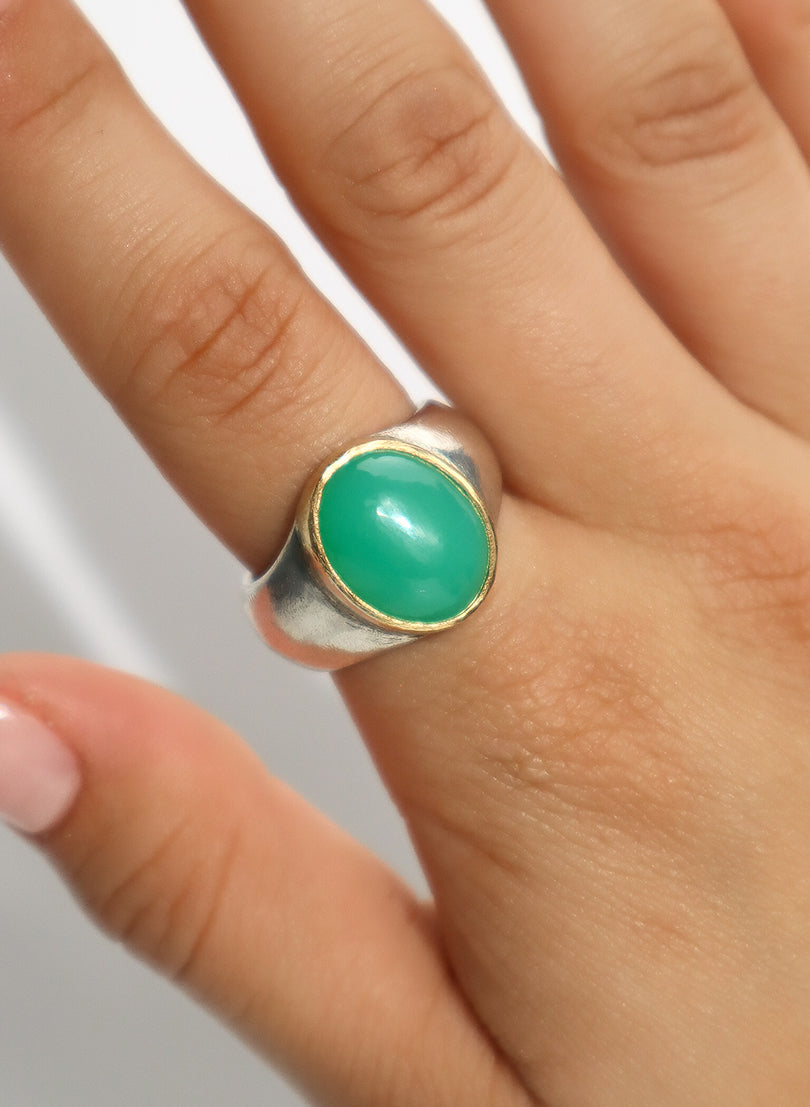 Chrysoprase and Sterling Silver Ring with 22ct Gold Setting