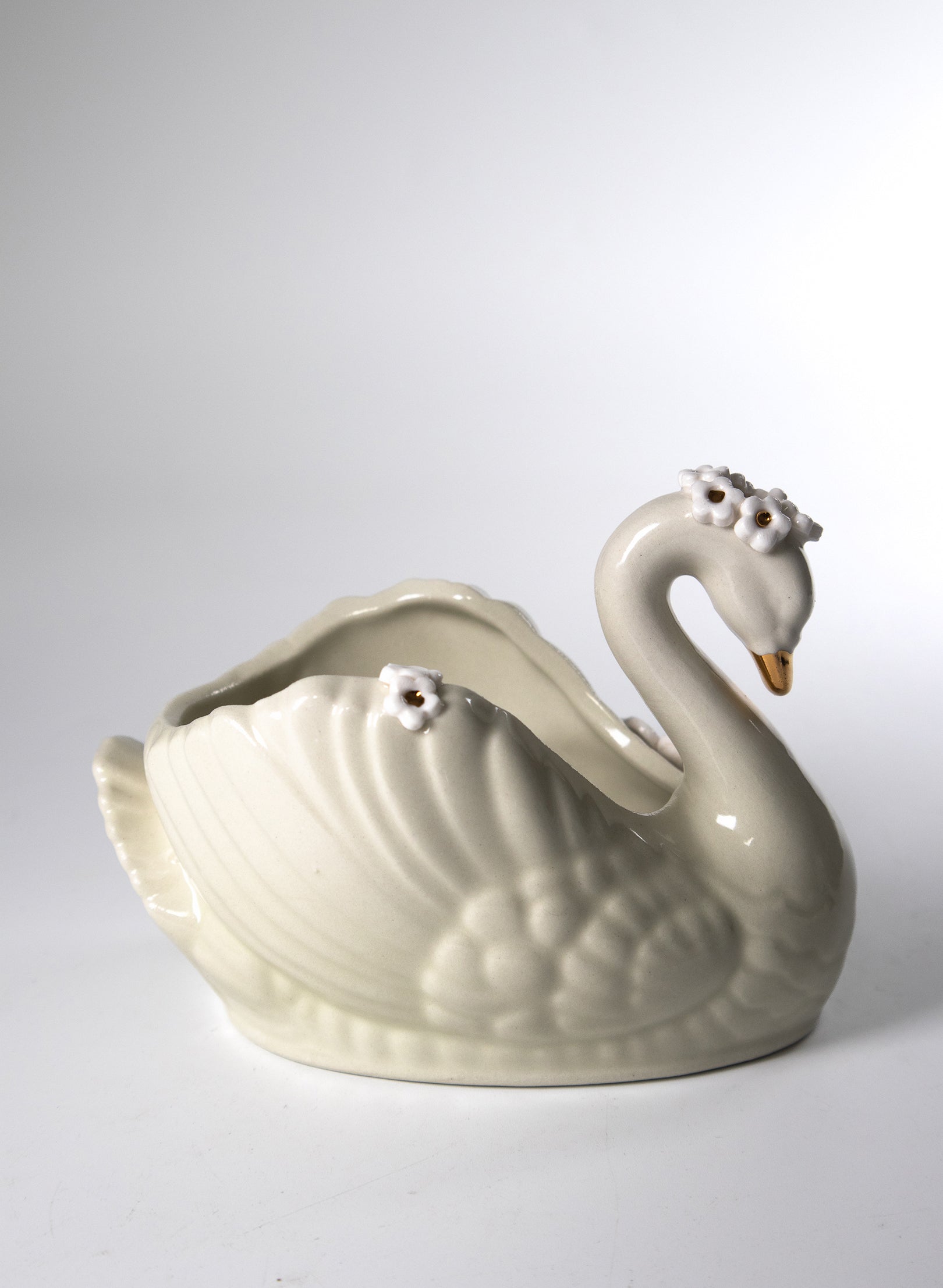 Small Light Olive Swan with Gold and White Flowers