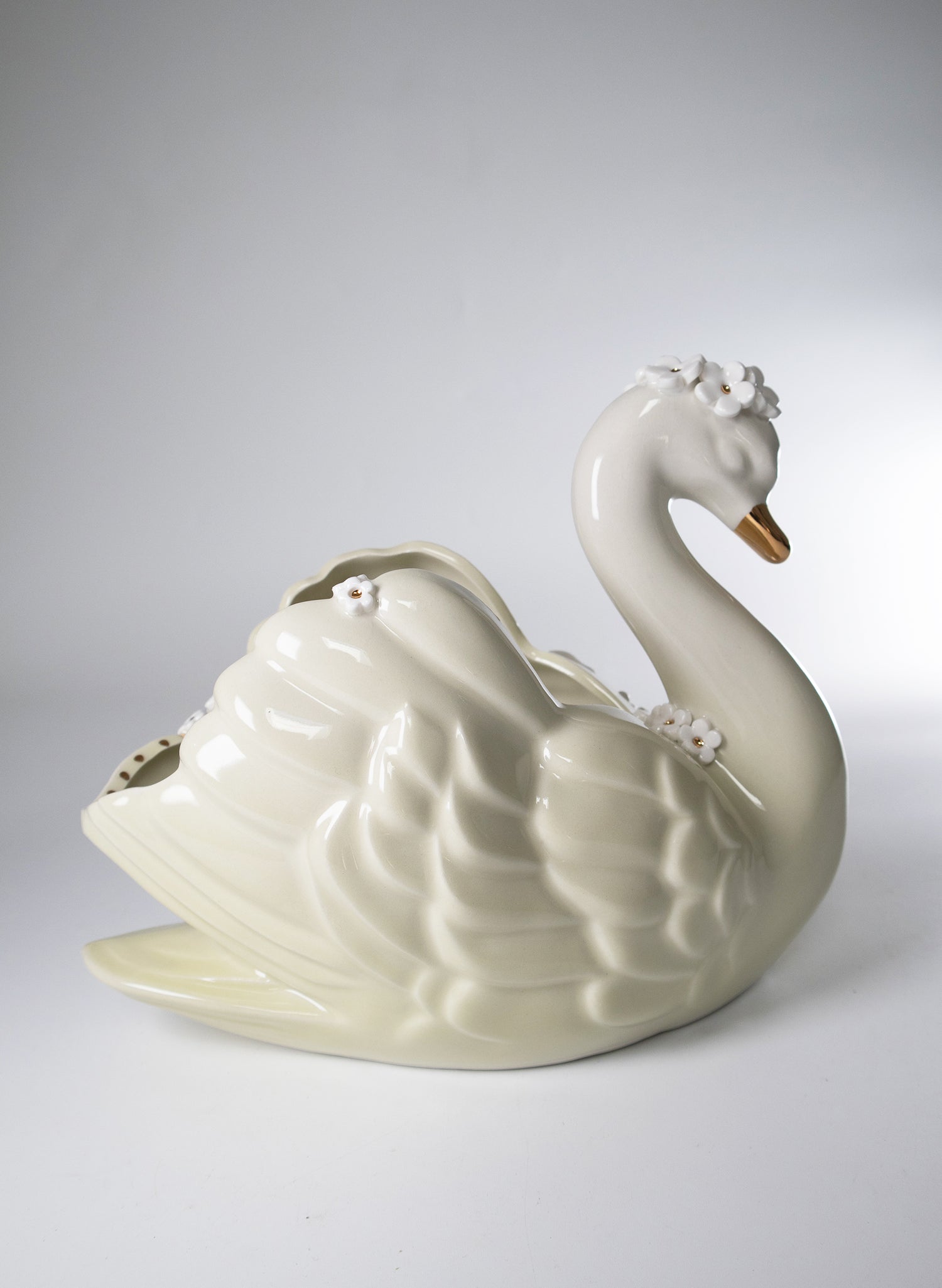 Large Olive Swan with Gold and White Flowers