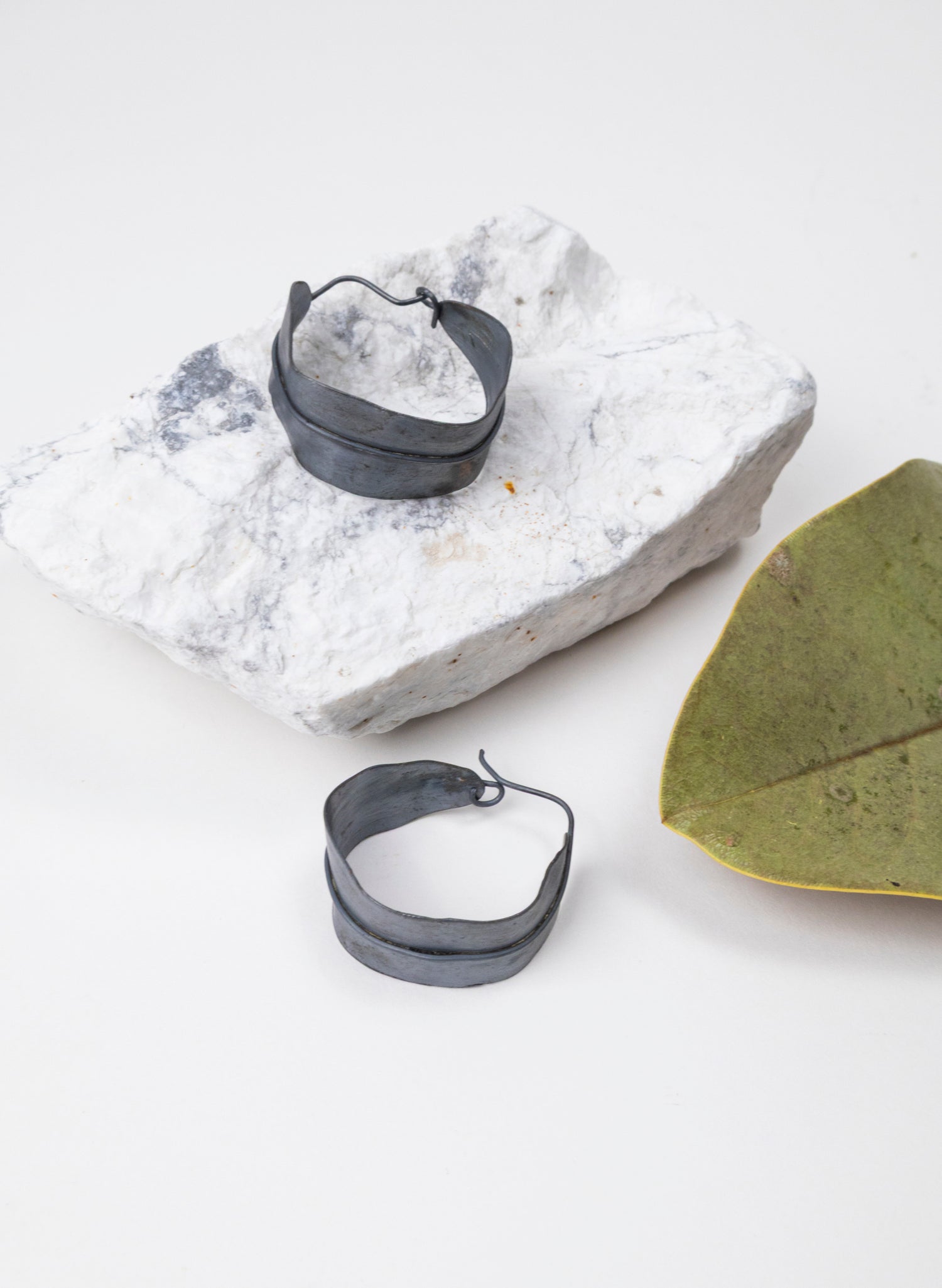 Long Leaf Hoop Oxidised Silver Earrings