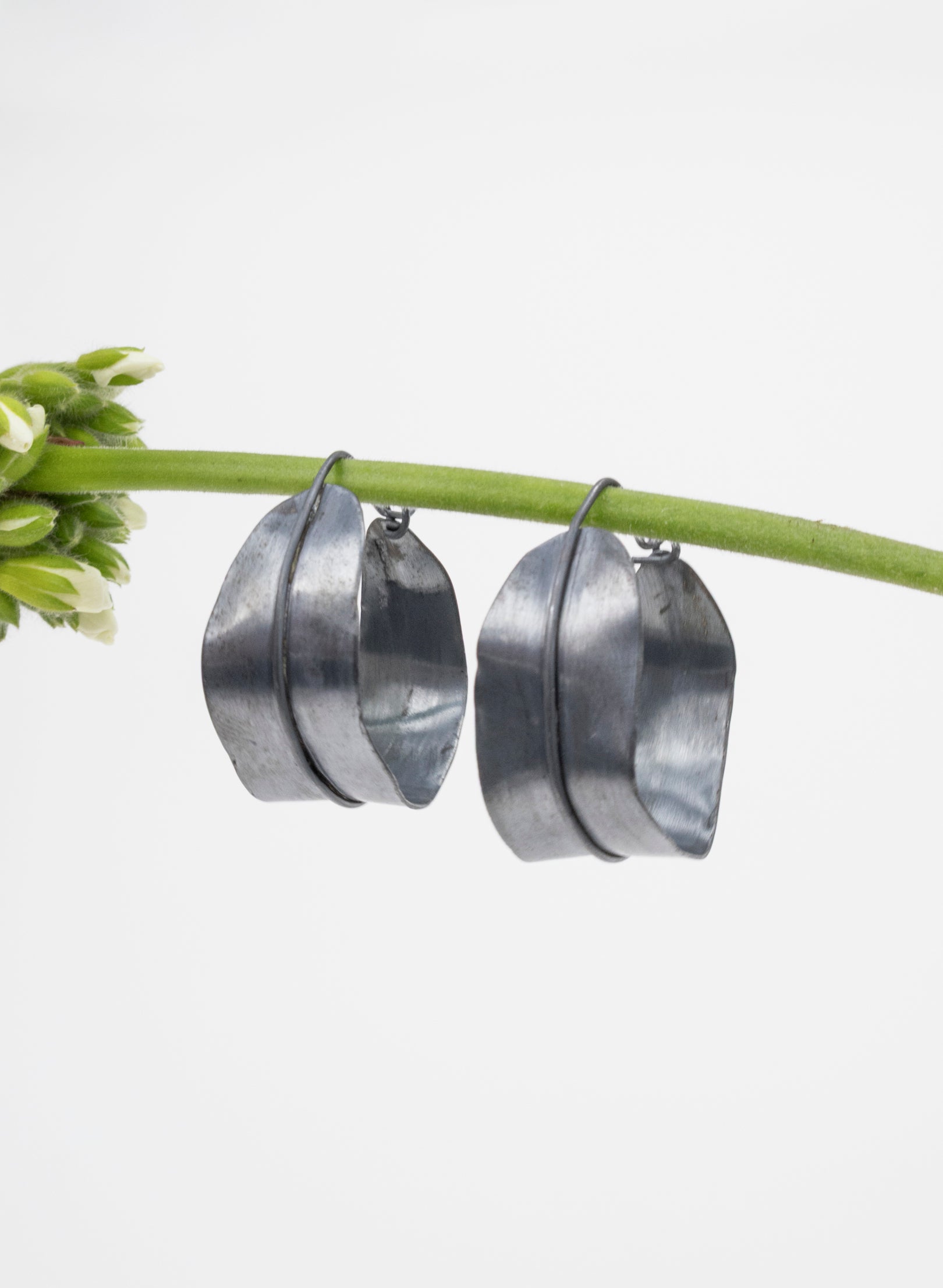 Long Leaf Hoop Oxidised Silver Earrings