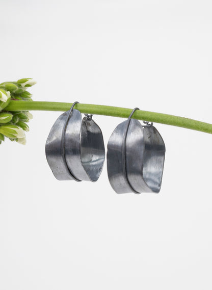 Long Leaf Hoop Oxidised Silver Earrings