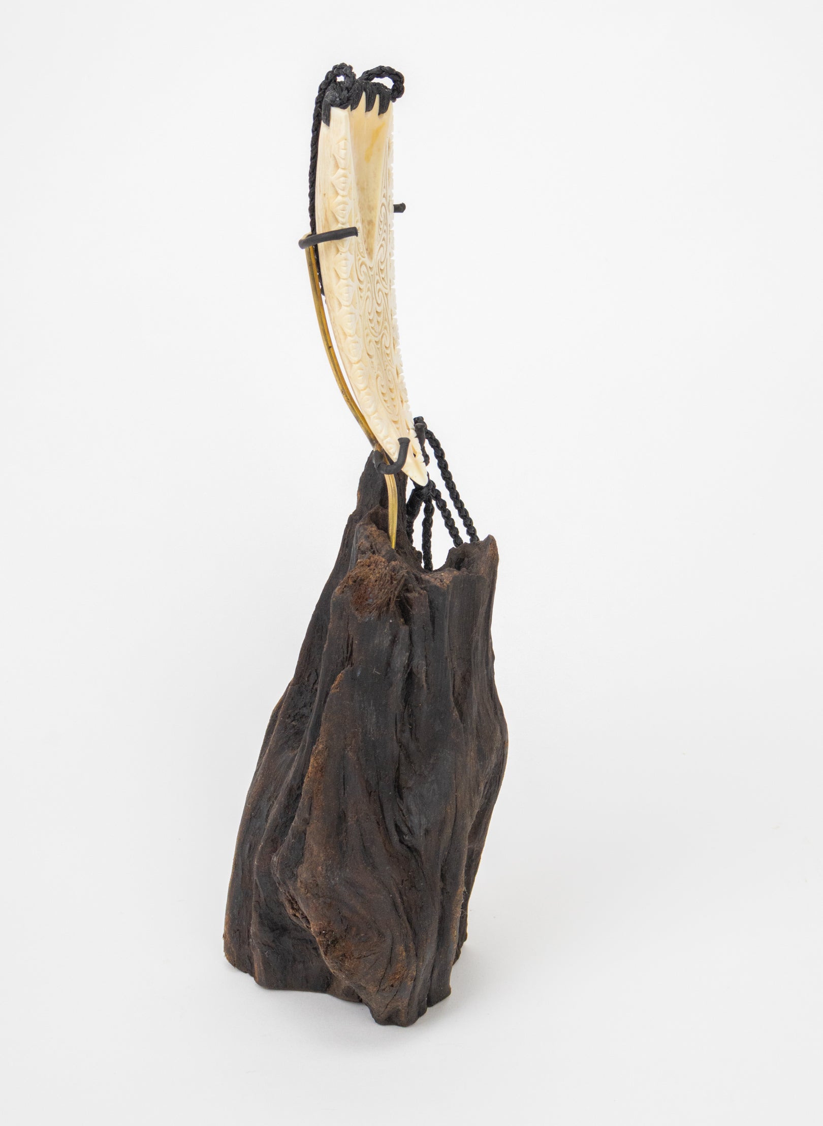 Carved Rei Puta Niho Parāoa Necklace on a stand