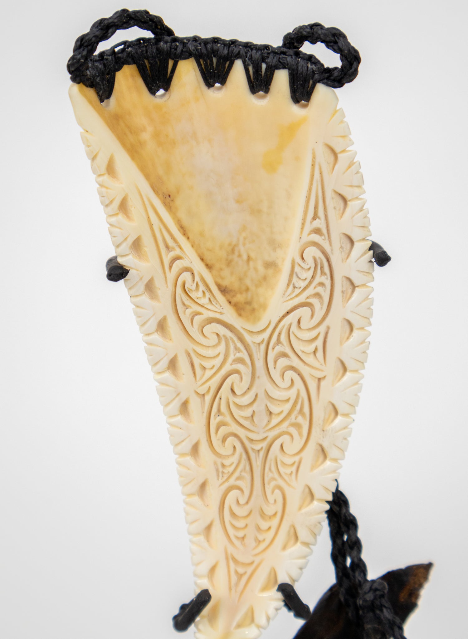 Carved Rei Puta Niho Parāoa Necklace on a stand