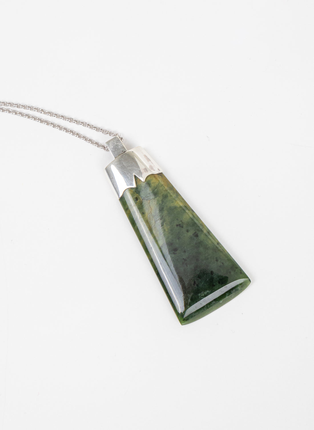 Rectangular Pounamu Pendant with Silver Fastening and Chain