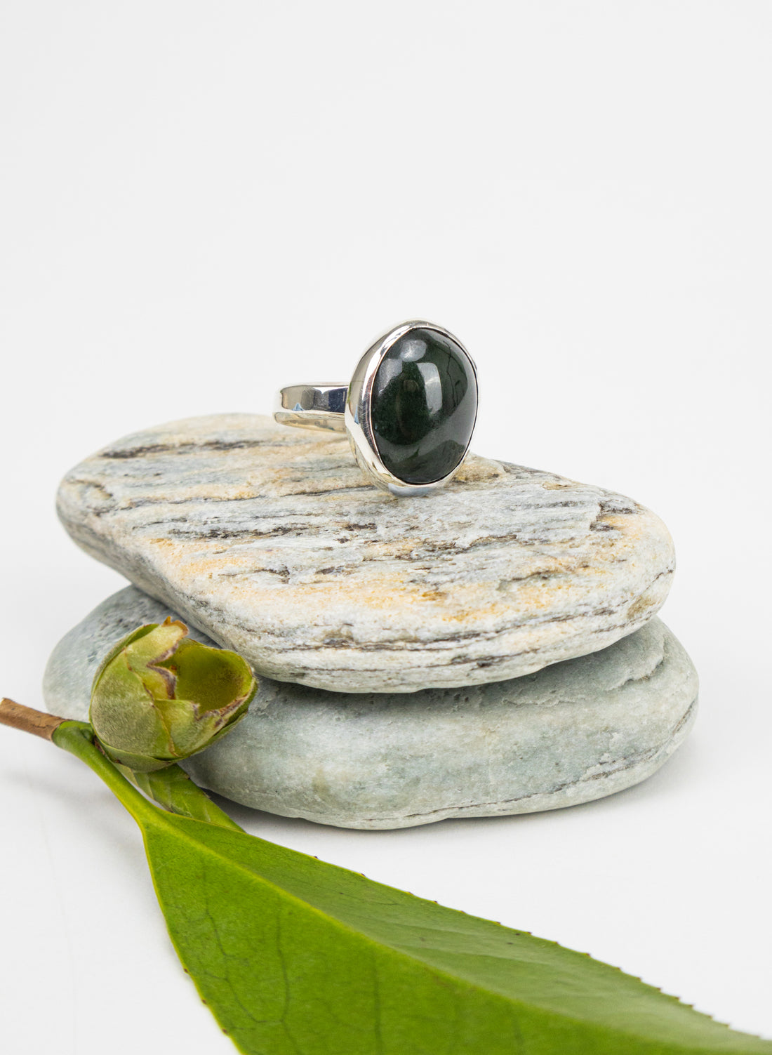 Oval Pounamu and Silver Ring