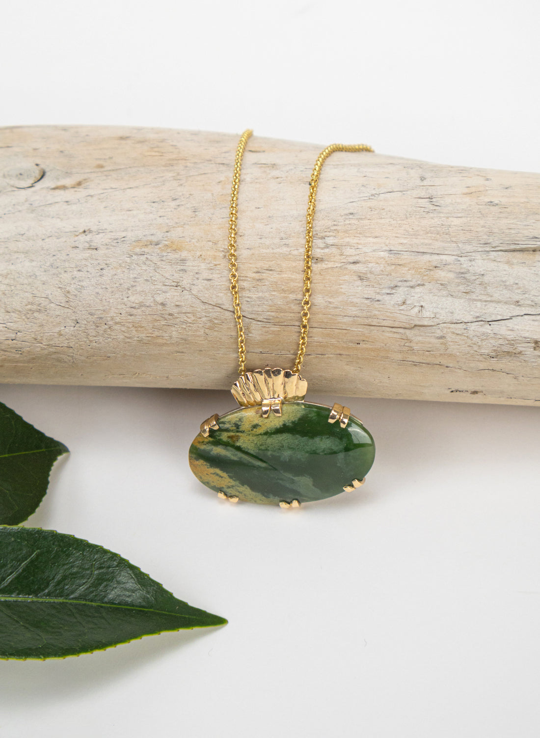 Oval Pounamu Pendant with Gold Fastenings and Silver Mount and Gold Chain