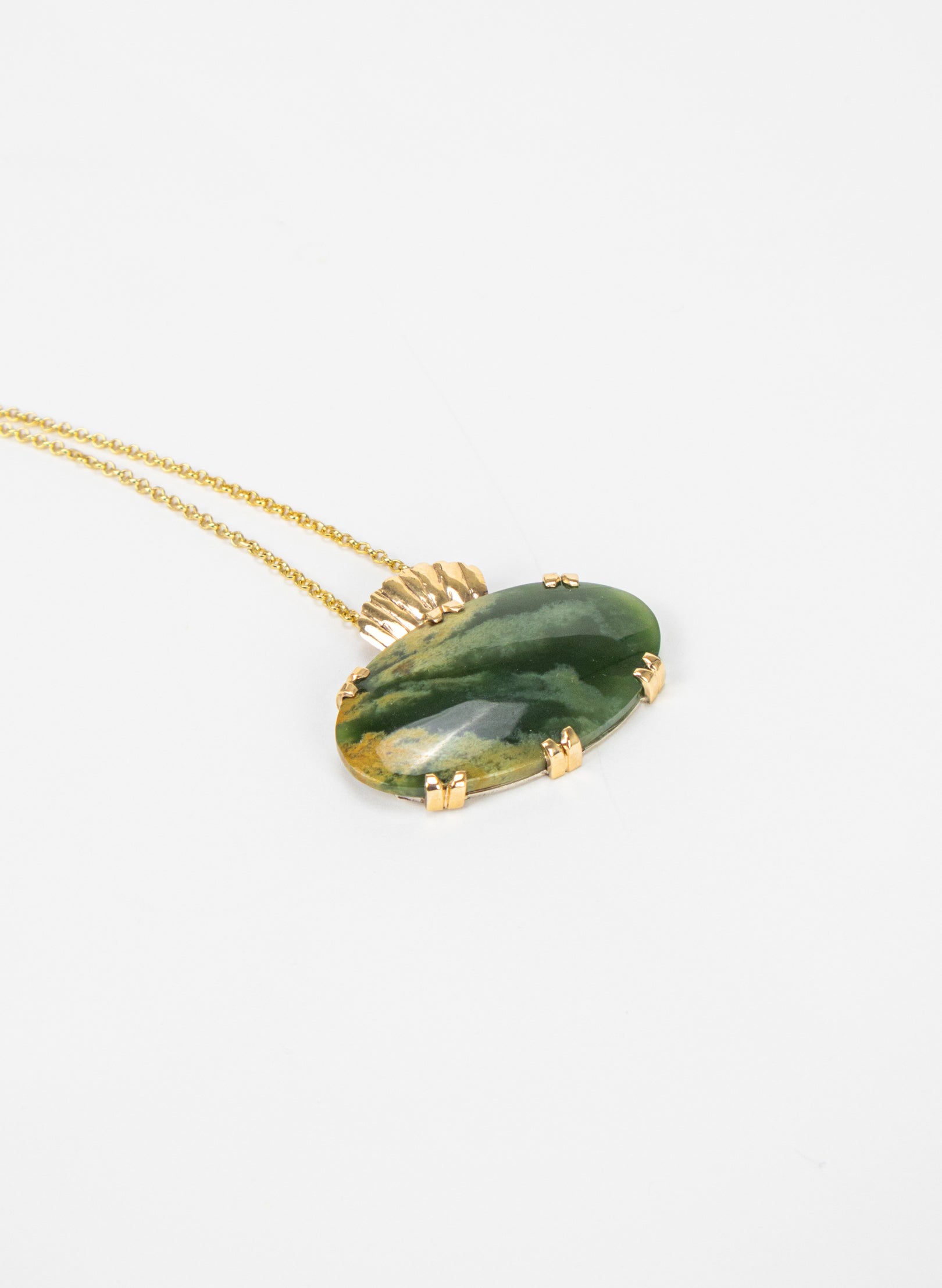 Oval Pounamu Pendant with Gold Fastenings and Silver Mount and Gold Chain