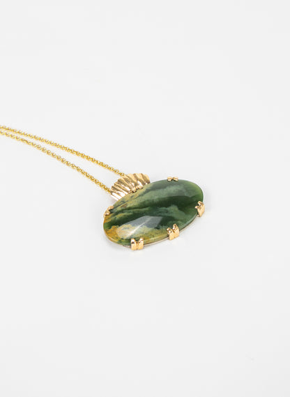 Oval Pounamu Pendant with Gold Fastenings and Silver Mount and Gold Chain