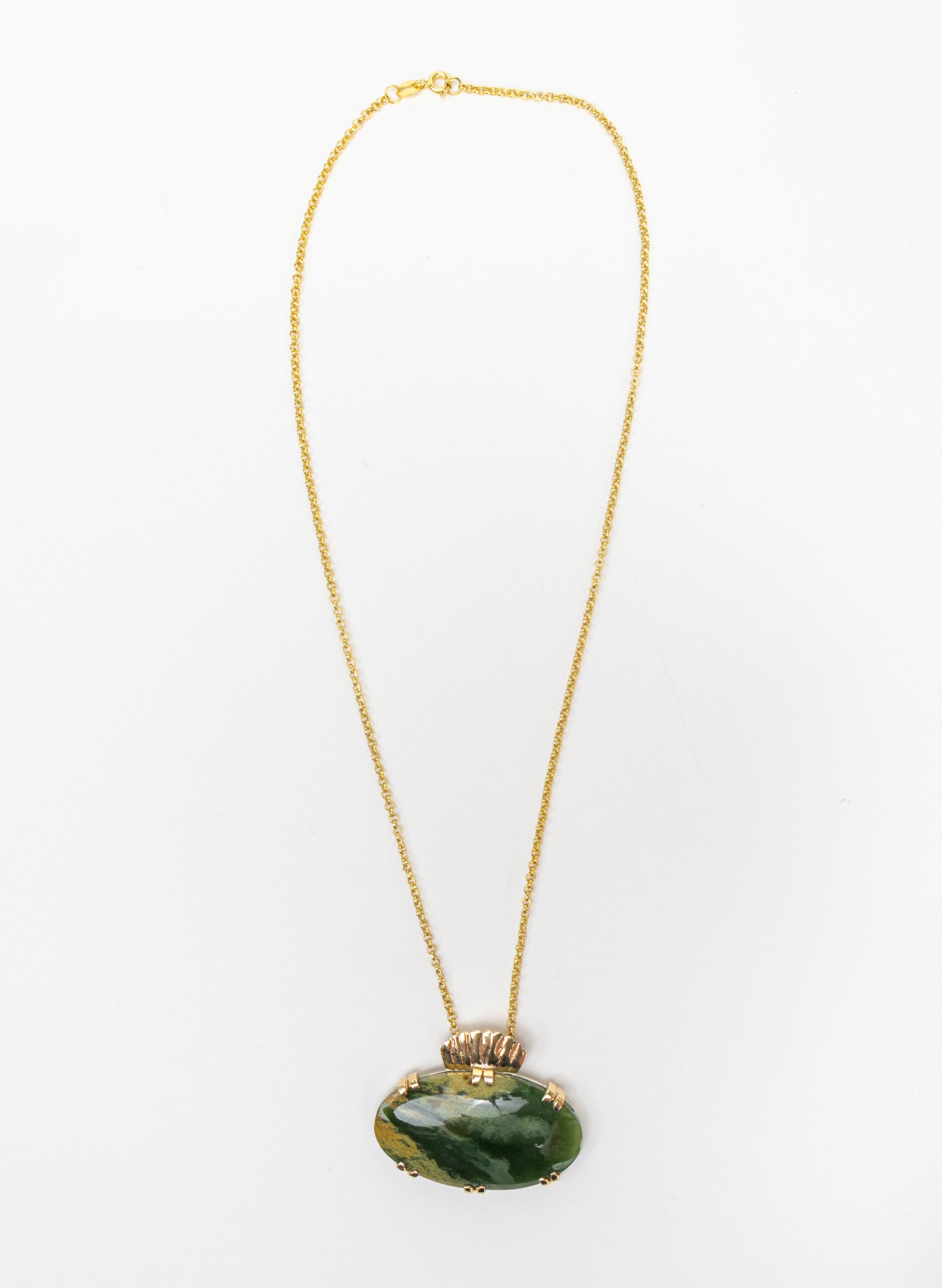 Oval Pounamu Pendant with Gold Fastenings and Silver Mount and Gold Chain