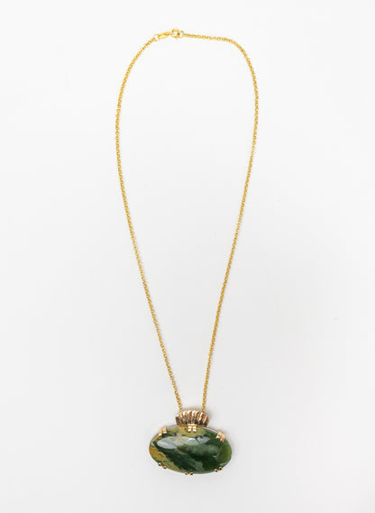 Oval Pounamu Pendant with Gold Fastenings and Silver Mount and Gold Chain