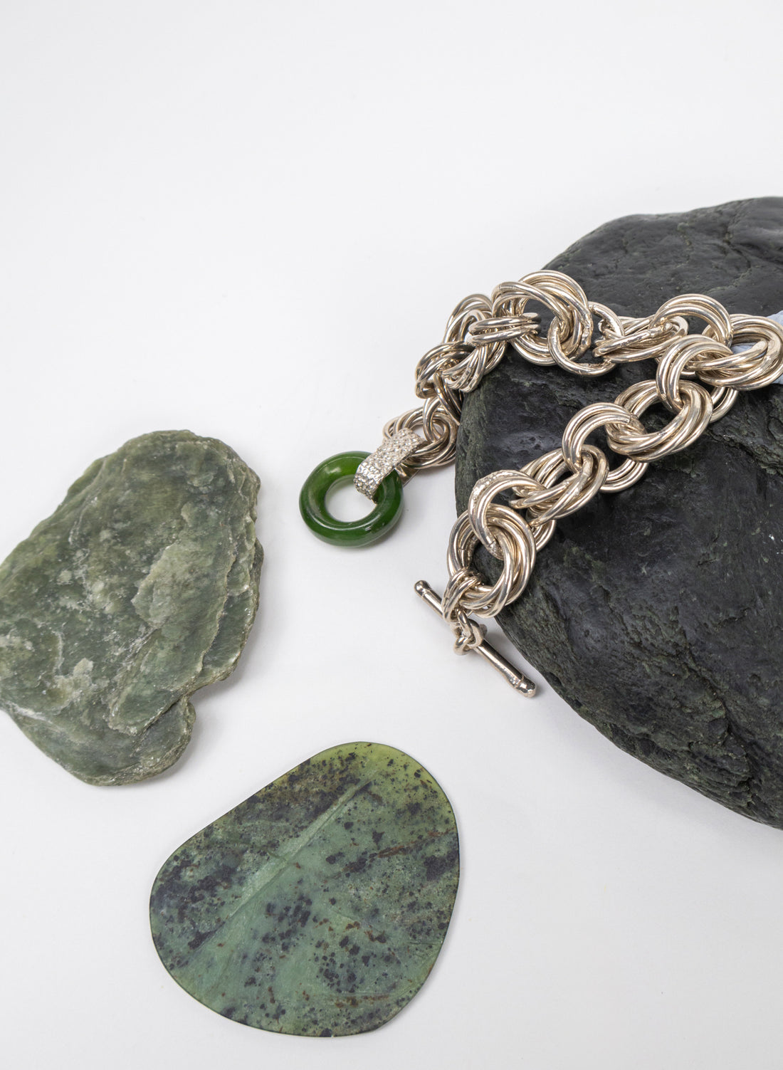Komore Silver and Pounamu Chain Fob Bracelet