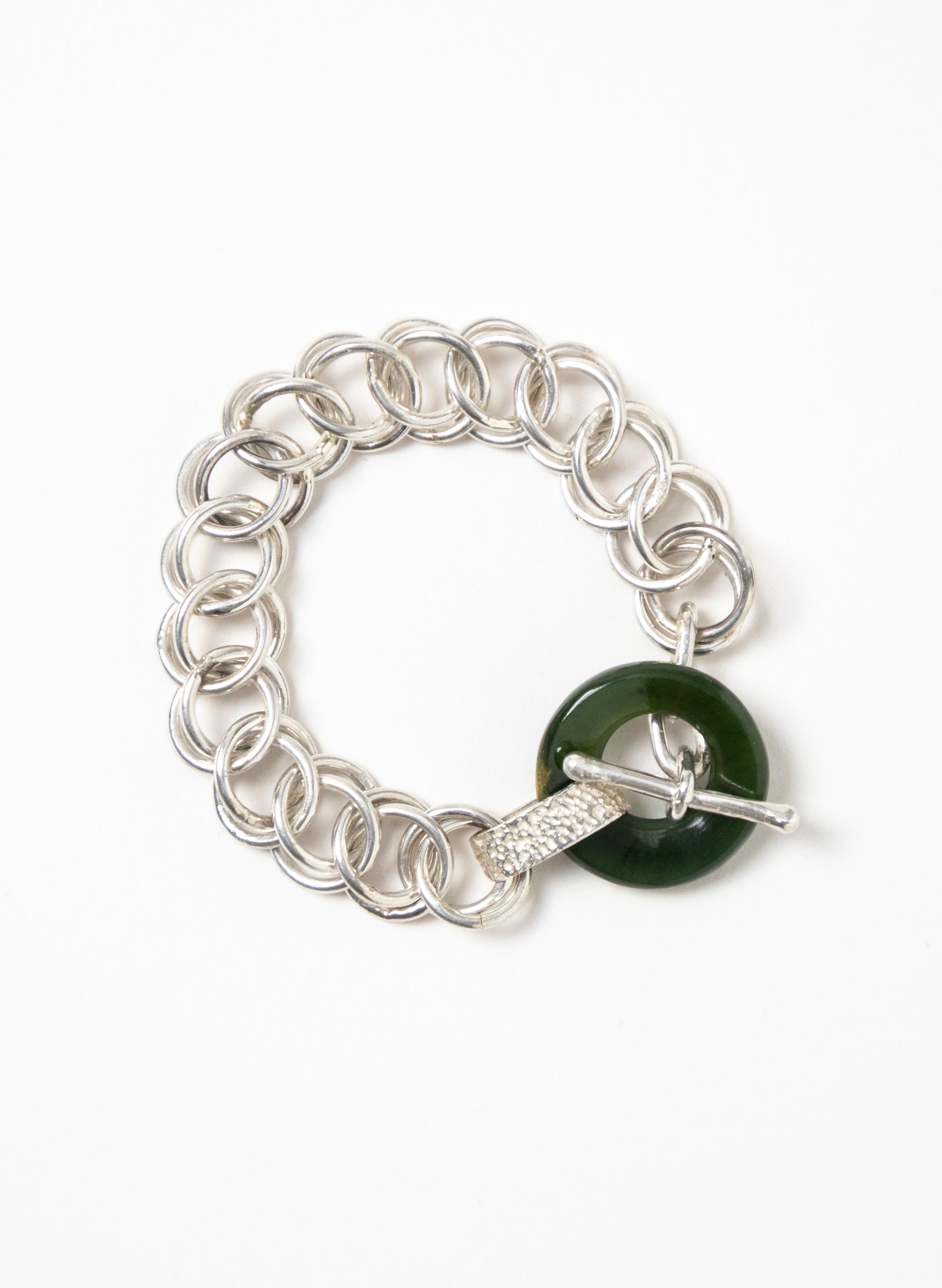 Pounamu Porowhita Disc on a Silver 2 Ring Chainmail Choker