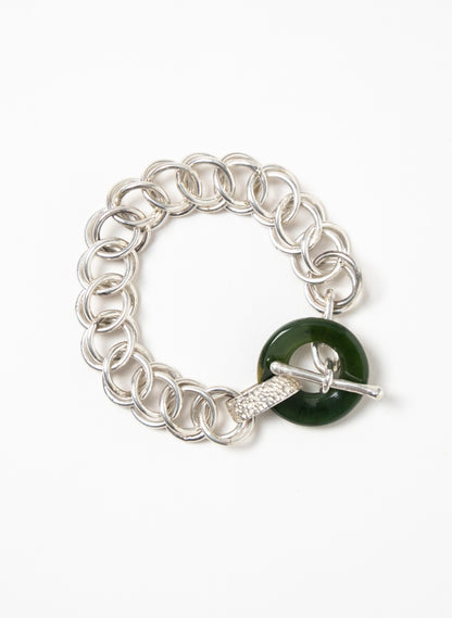 Pounamu Porowhita Disc on a Silver 2 Ring Chainmail Bracelet