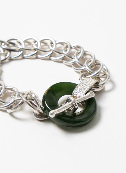 Pounamu Porowhita Disc on a Silver 2 Ring Chainmail Bracelet