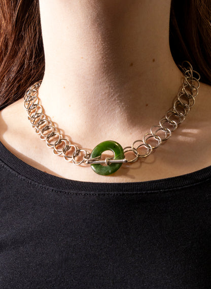 Pounamu Porowhita Disc on a Silver 2 Ring Chainmail Choker