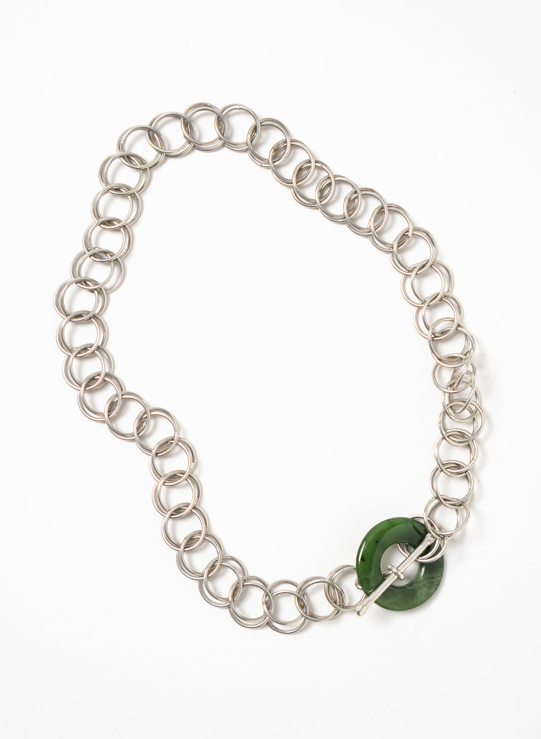 Pounamu Porowhita Disc on a Silver 2 Ring Chainmail Choker