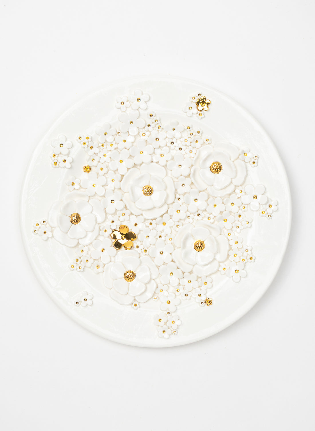 Large Round Wall Plate with White and Gold Flowers
