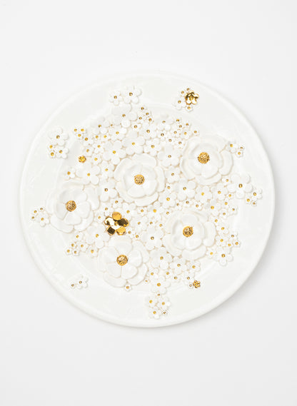 Large Round Wall Plate with White and Gold Flowers