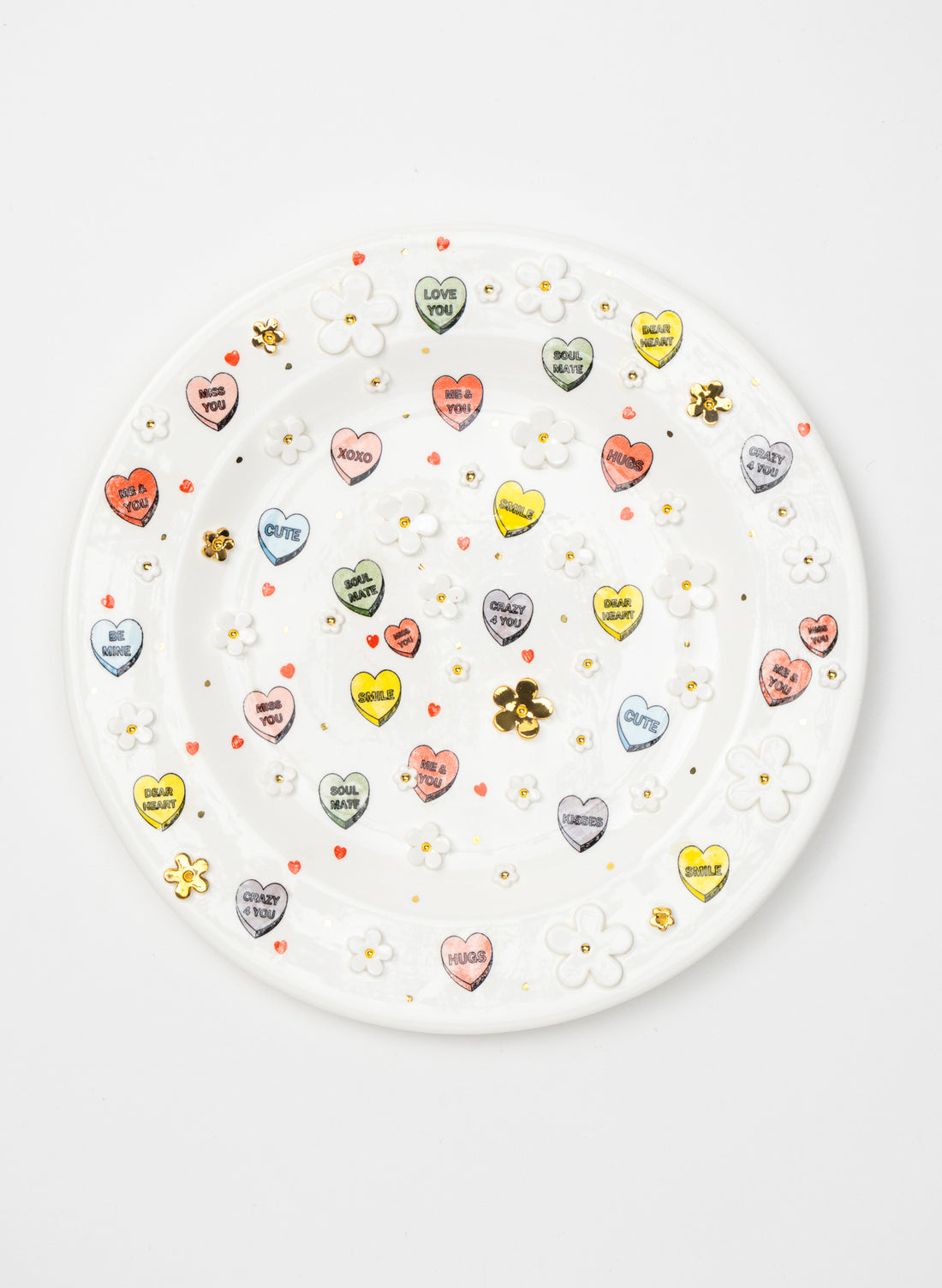 Large Round Sweetheart Wall Plate with Emojis, White and Gold Flowers
