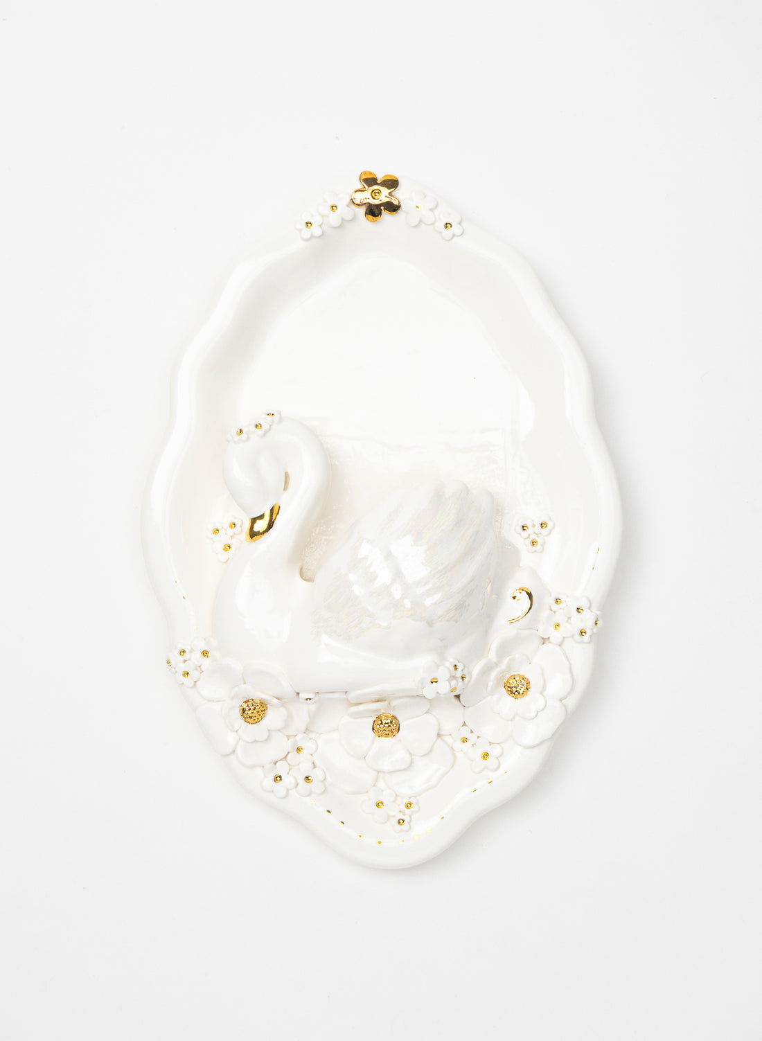 Large Oval Swan Wall Plate with White and Gold Flowers