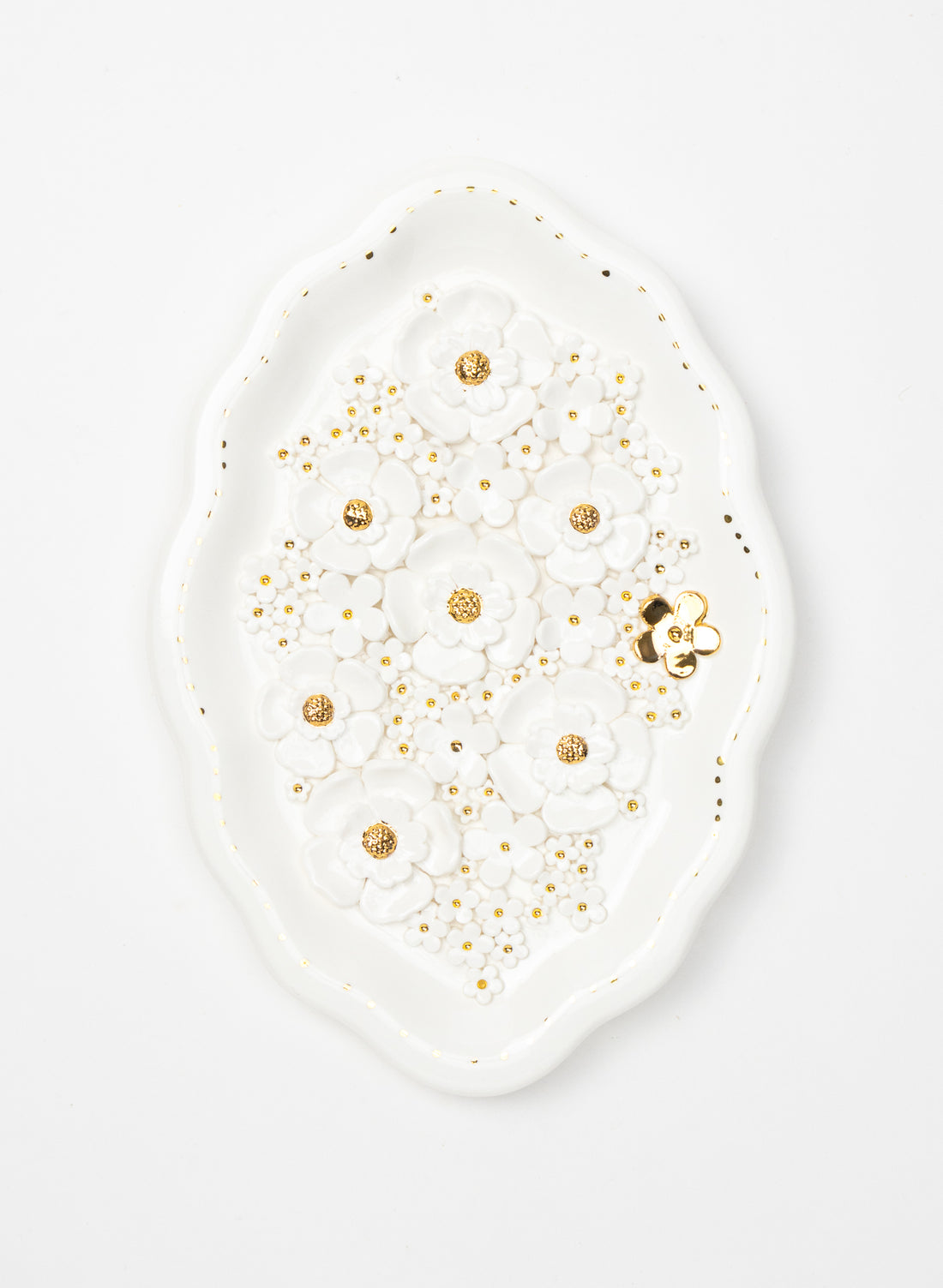 Large Oval Wall Plate with White and Gold Flowers