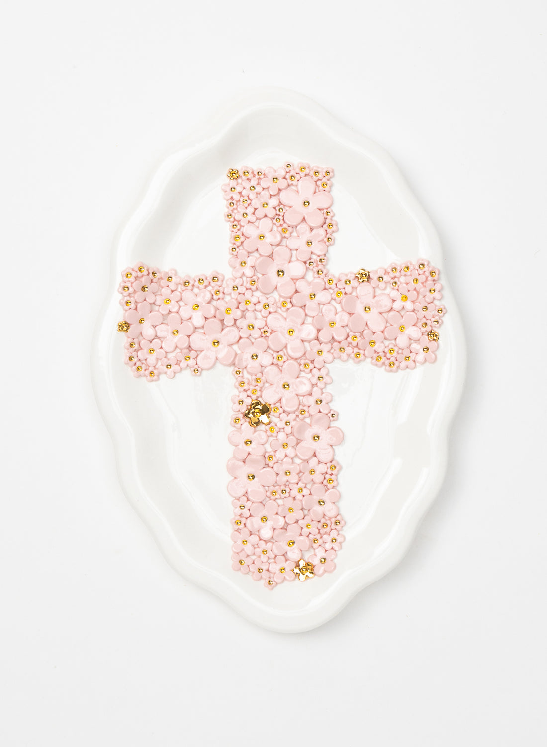 Large Oval Wall Plate with Pink and Gold Flower Cross