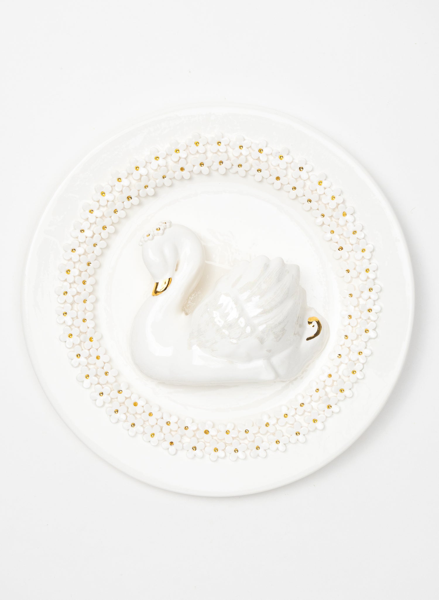 Large Round Swan Wall Plate with White and Gold Flowers