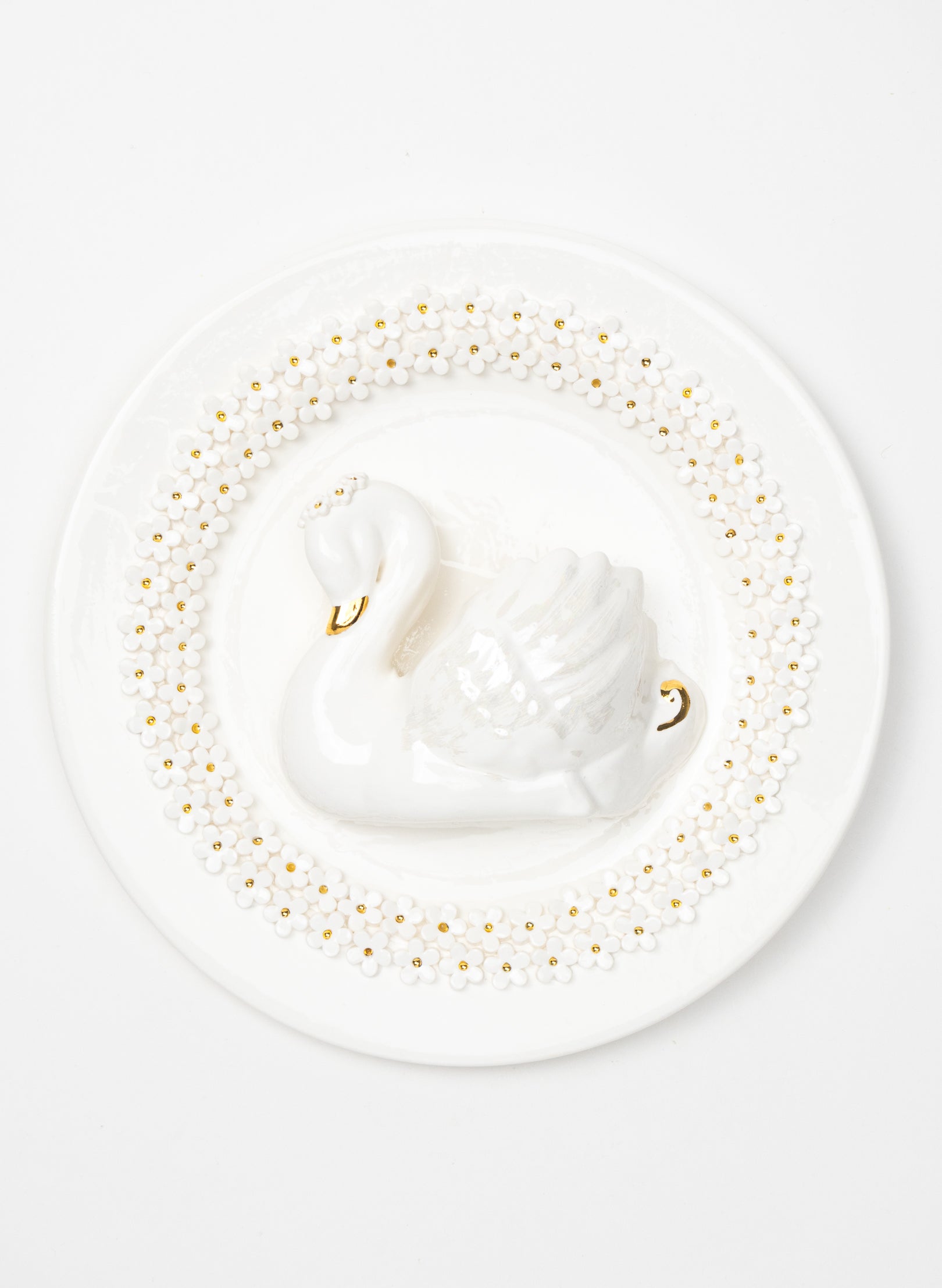 Large Round Swan Wall Plate with White and Gold Flowers