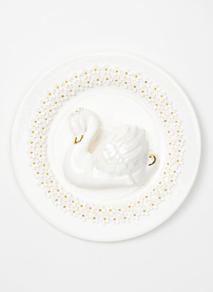 Large Round Swan Wall Plate with White and Gold Flowers