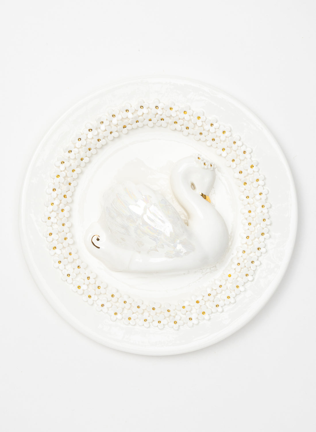 Large Round Swan Wall Plate with White and Gold Flowers