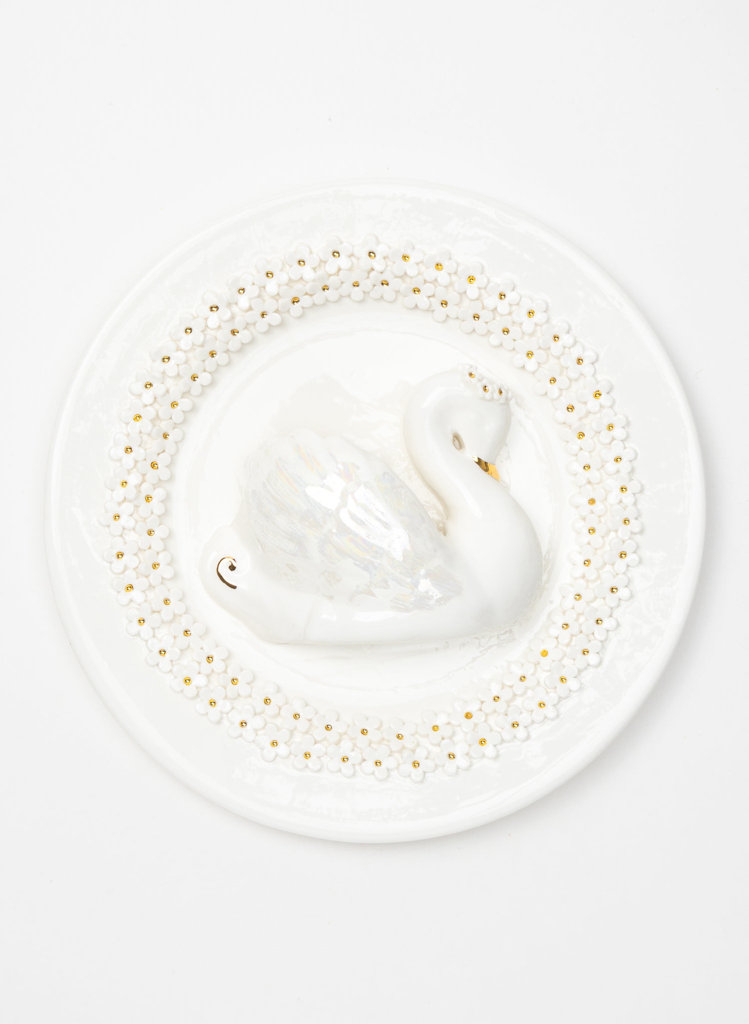 Large Round Swan Wall Plate with White and Gold Flowers