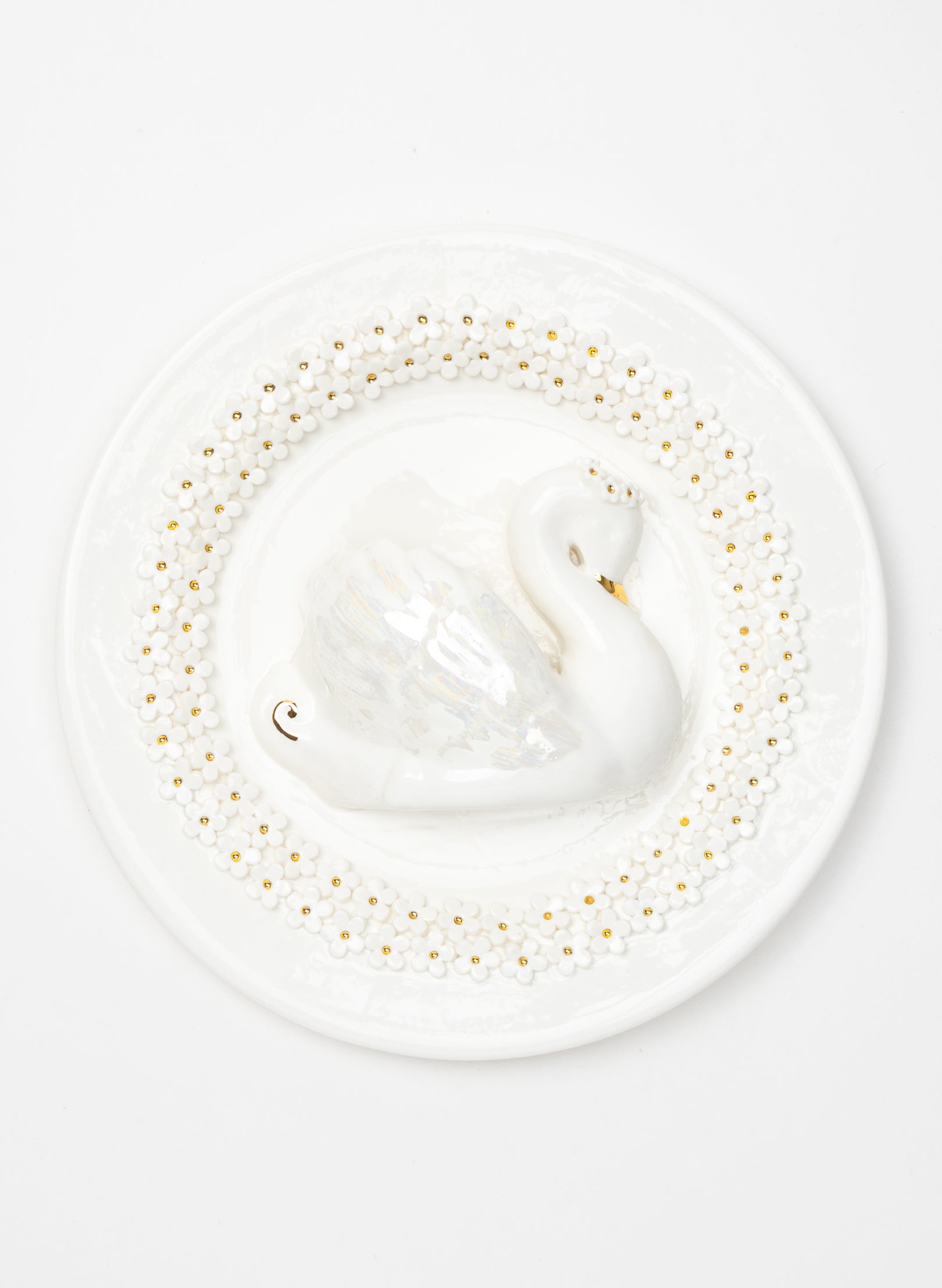 Large Round Swan Wall Plate with White and Gold Flowers