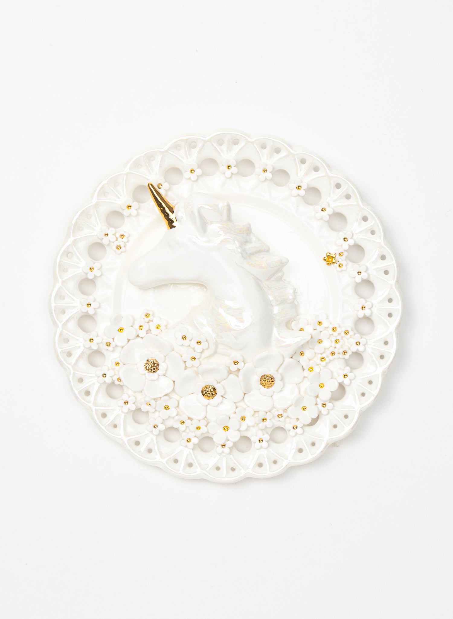 Large Round Unicorn Wall Plate with White and Gold Flowers