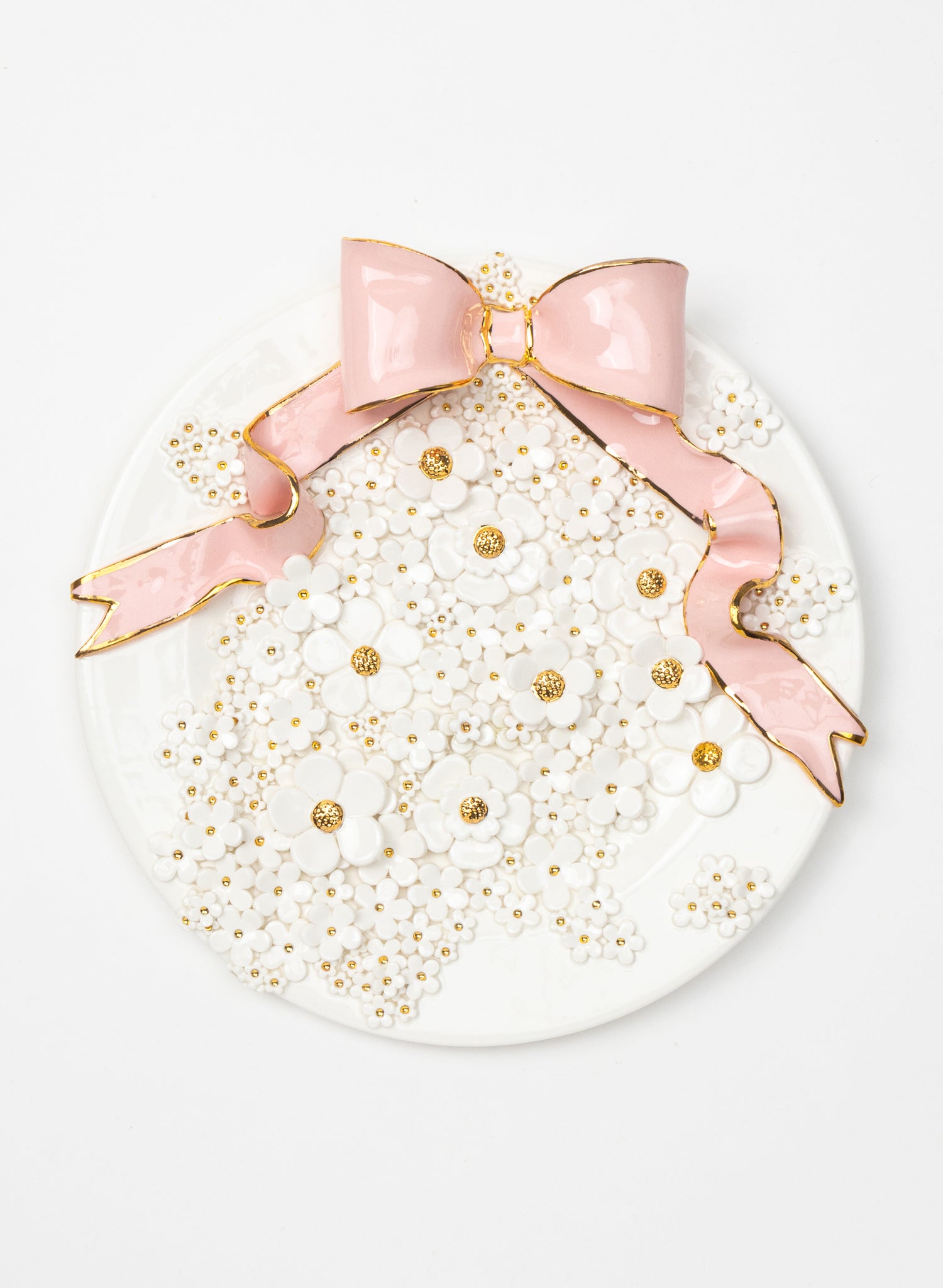 Large Round Wall Plate with Pink Bow and White and Gold Flowers