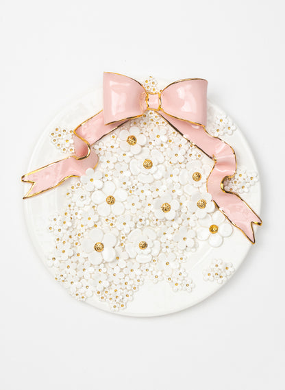 Large Round Wall Plate with Pink Bow and White and Gold Flowers