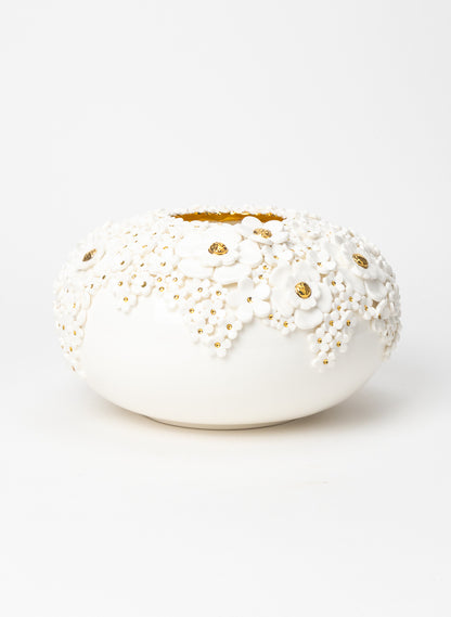 XXL Round Deco Vase with White and Golden Flowers