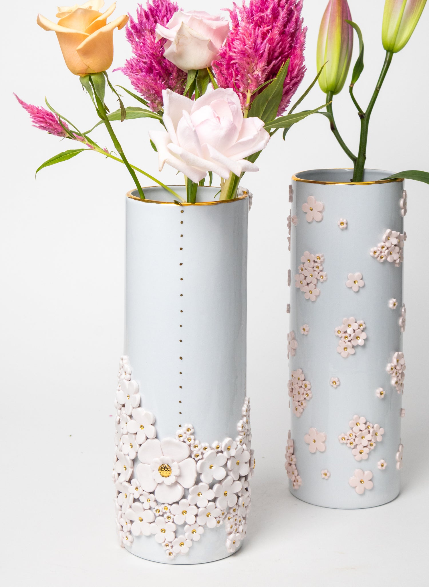 XXL Round Tall Blue Vase with White and Gold Flowers